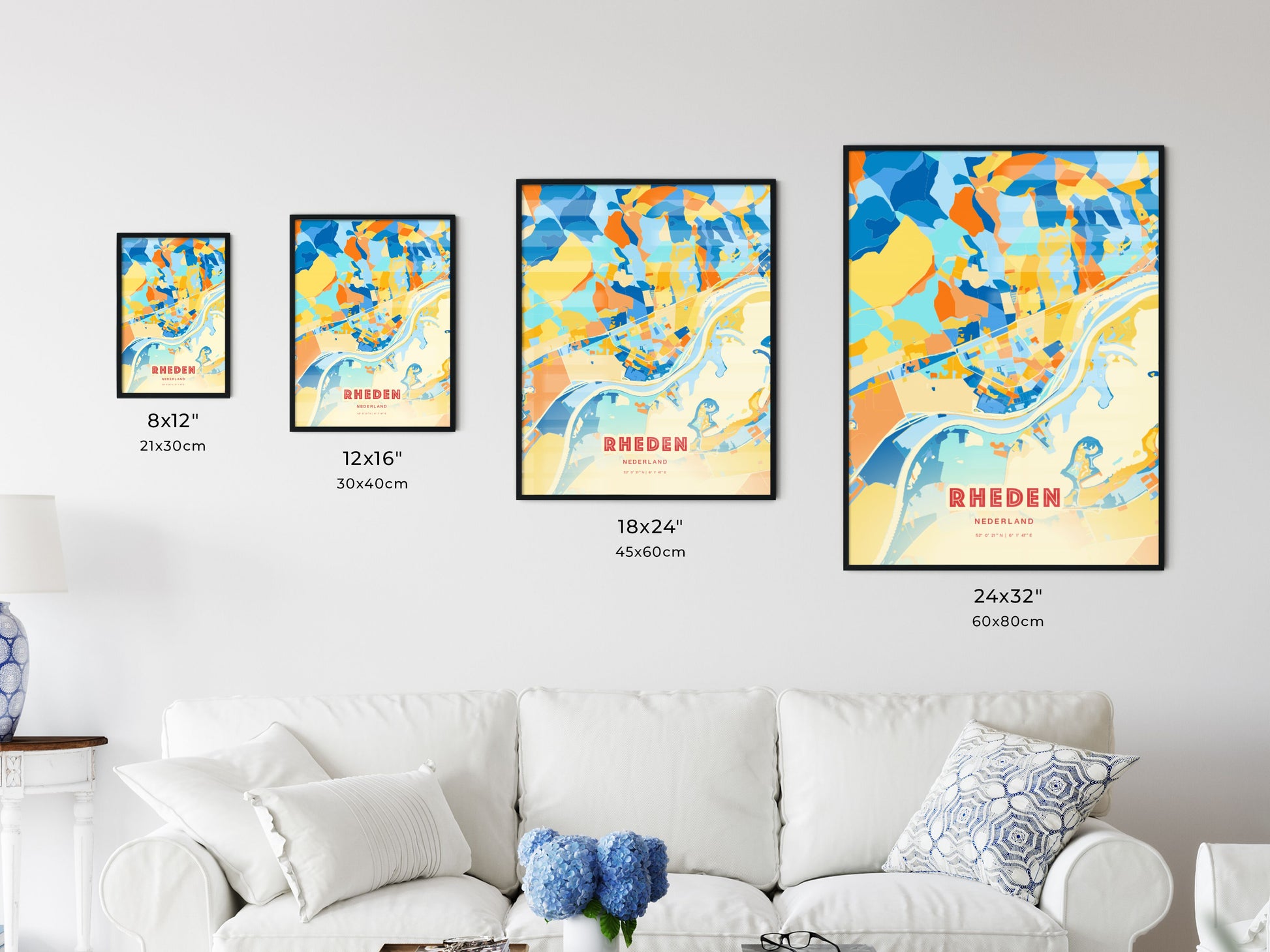 Colorful RHEDEN NETHERLANDS Fine Art Map Blue Orange