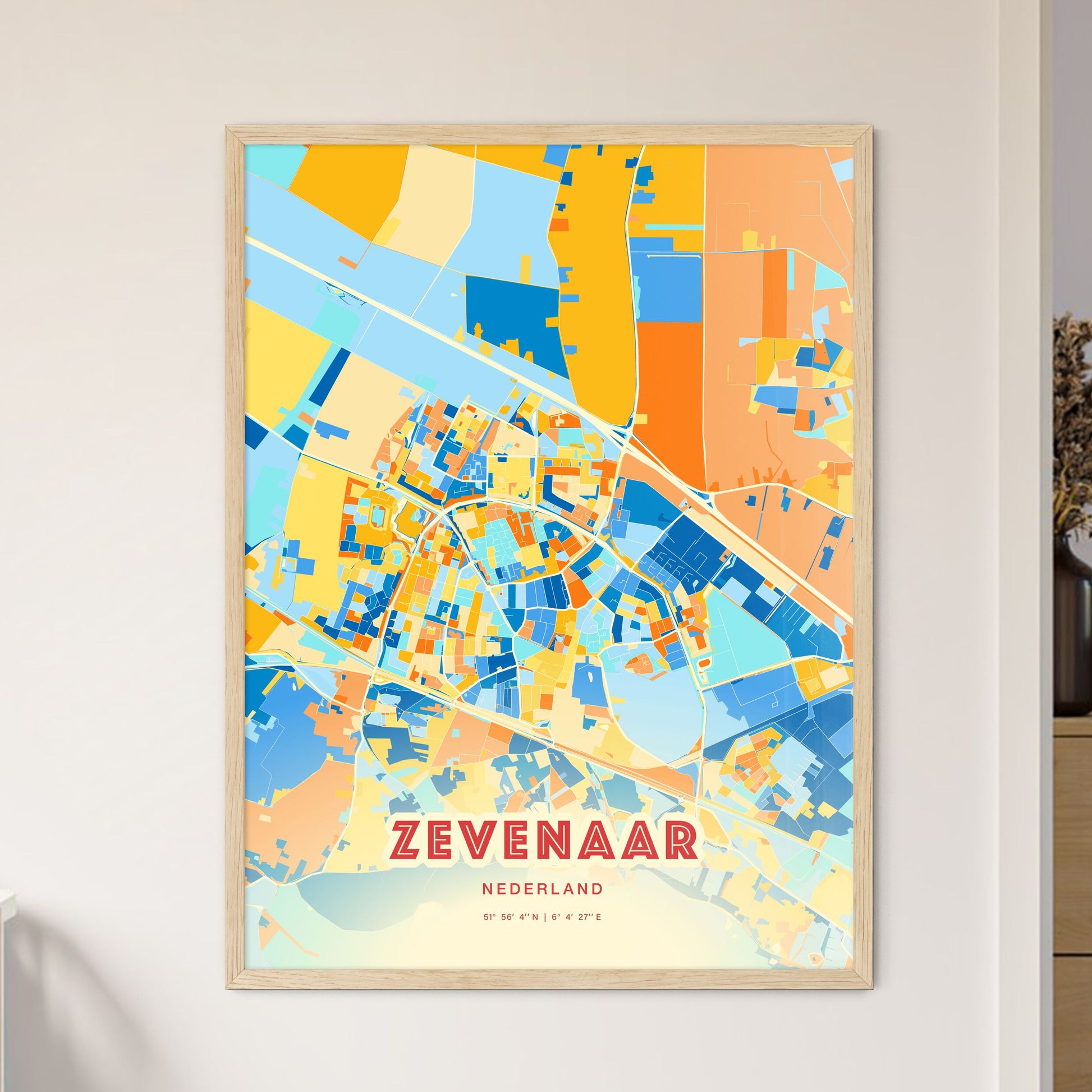 Colorful ZEVENAAR NETHERLANDS Fine Art Map Blue Orange