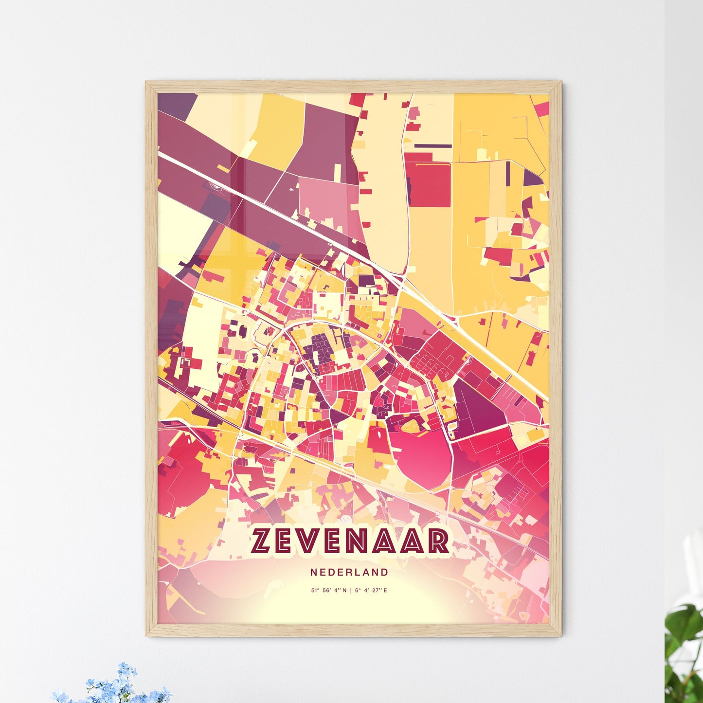 Colorful ZEVENAAR NETHERLANDS Fine Art Map Hot Red