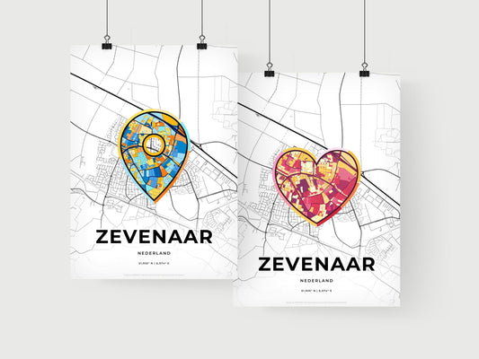 ZEVENAAR NETHERLANDS minimal art map with a colorful icon. Where it all began, Couple map gift.