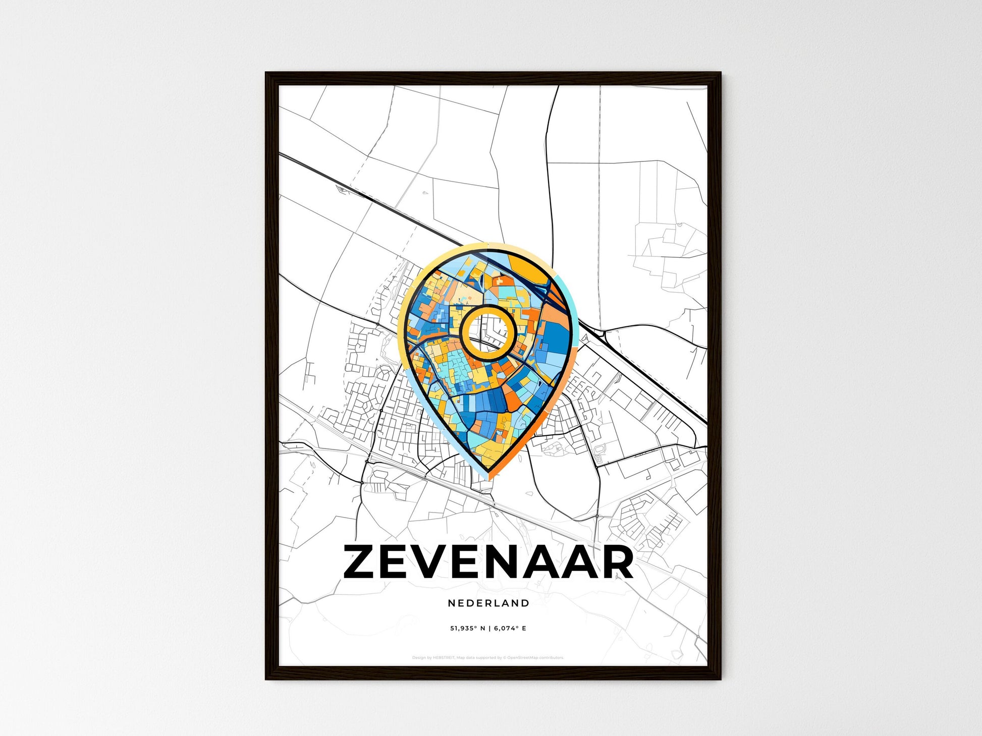 ZEVENAAR NETHERLANDS minimal art map with a colorful icon. Where it all began, Couple map gift. Style 1