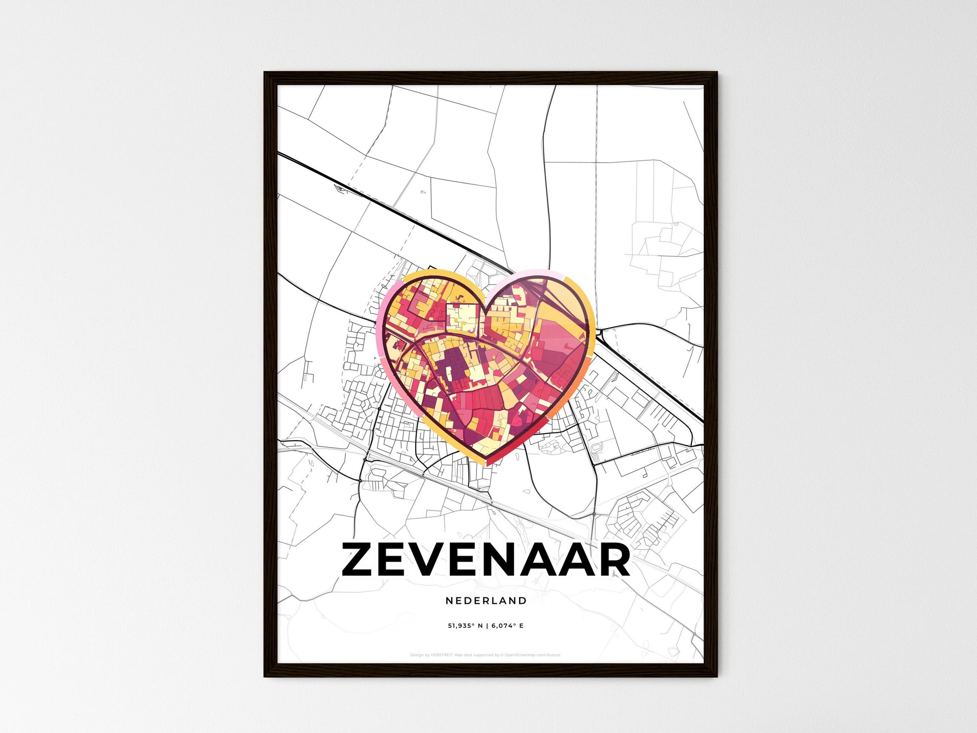 ZEVENAAR NETHERLANDS minimal art map with a colorful icon. Where it all began, Couple map gift. Style 2
