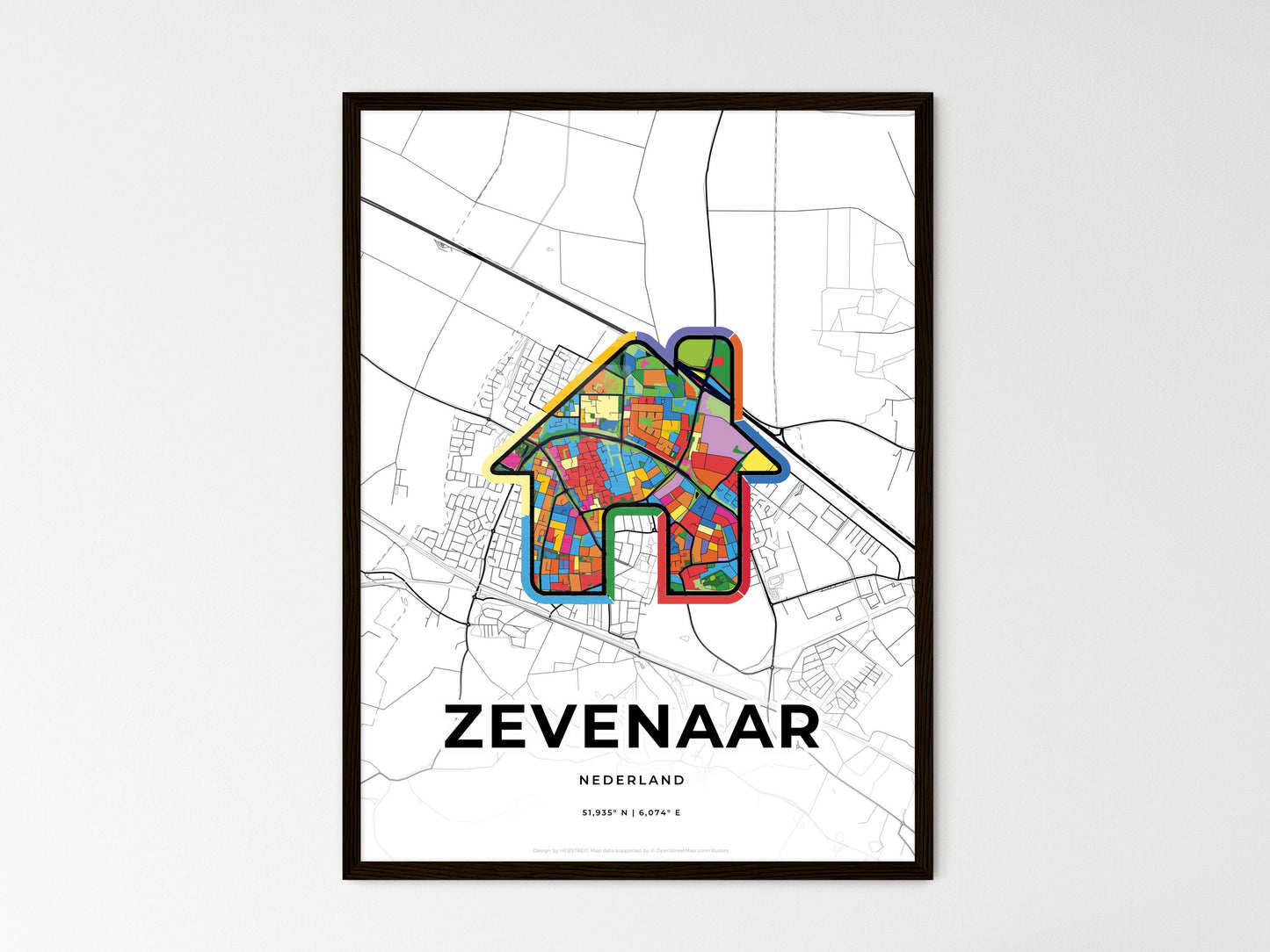 ZEVENAAR NETHERLANDS minimal art map with a colorful icon. Where it all began, Couple map gift. Style 3