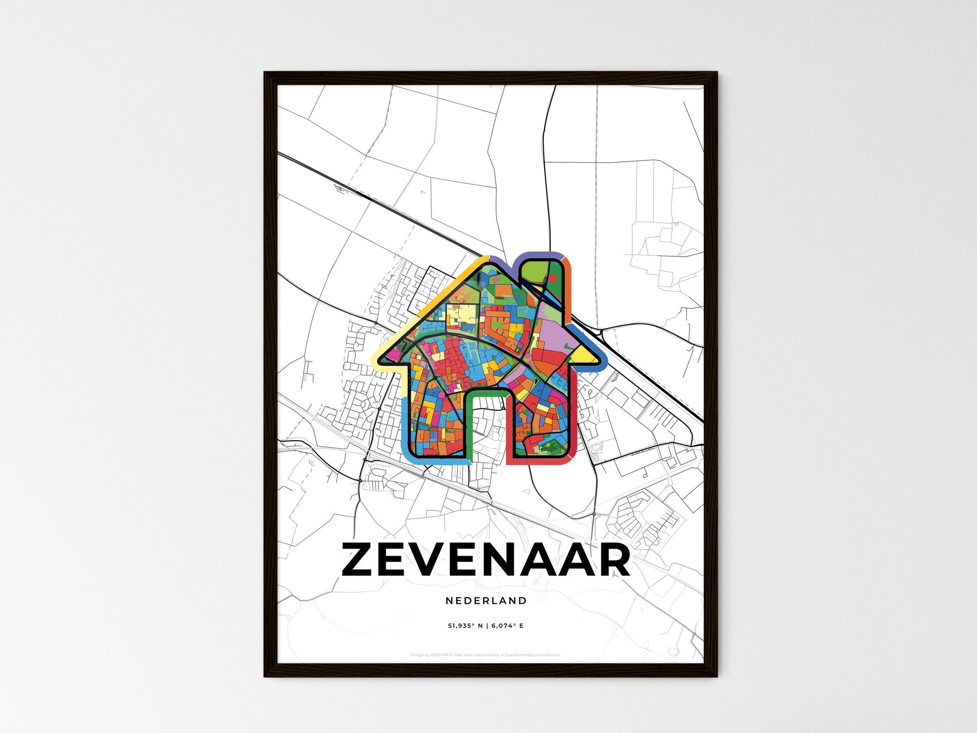 ZEVENAAR NETHERLANDS minimal art map with a colorful icon. Where it all began, Couple map gift. Style 3