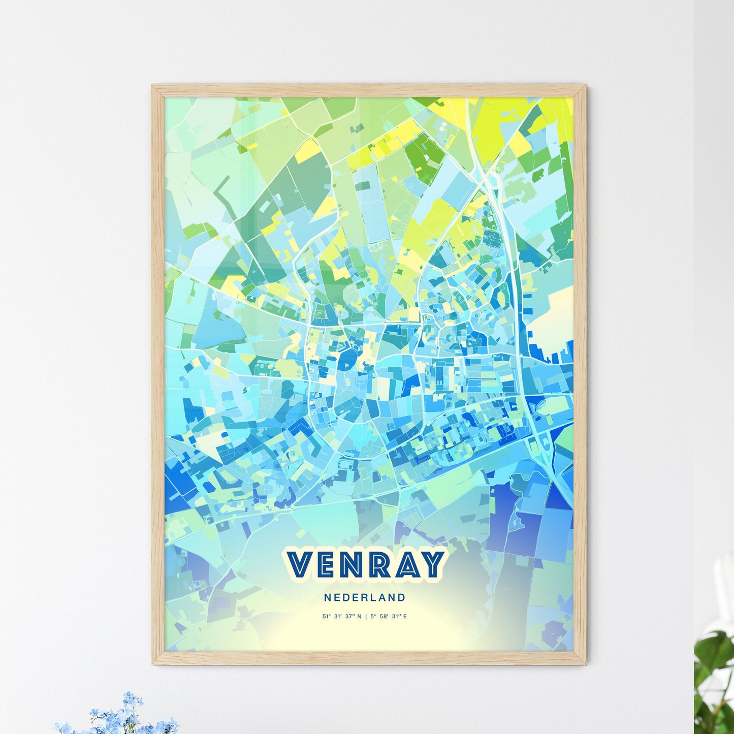 Colorful VENRAY NETHERLANDS Fine Art Map Cool Blue