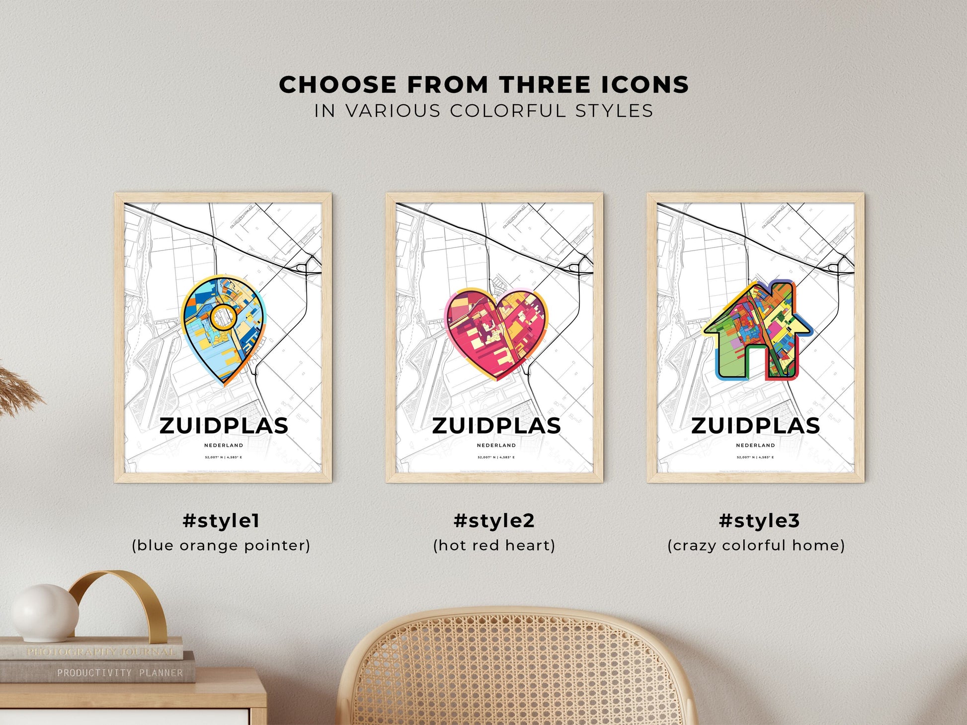 ZUIDPLAS NETHERLANDS minimal art map with a colorful icon. Where it all began, Couple map gift.