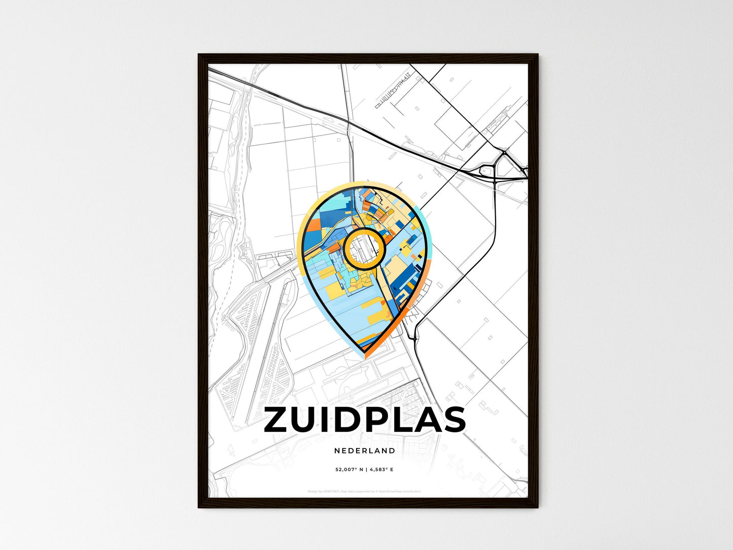 ZUIDPLAS NETHERLANDS minimal art map with a colorful icon. Where it all began, Couple map gift. Style 1