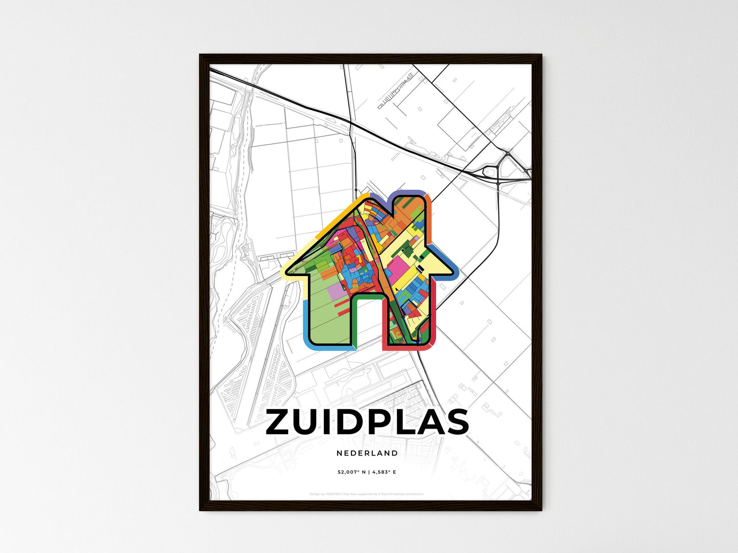 ZUIDPLAS NETHERLANDS minimal art map with a colorful icon. Where it all began, Couple map gift. Style 3