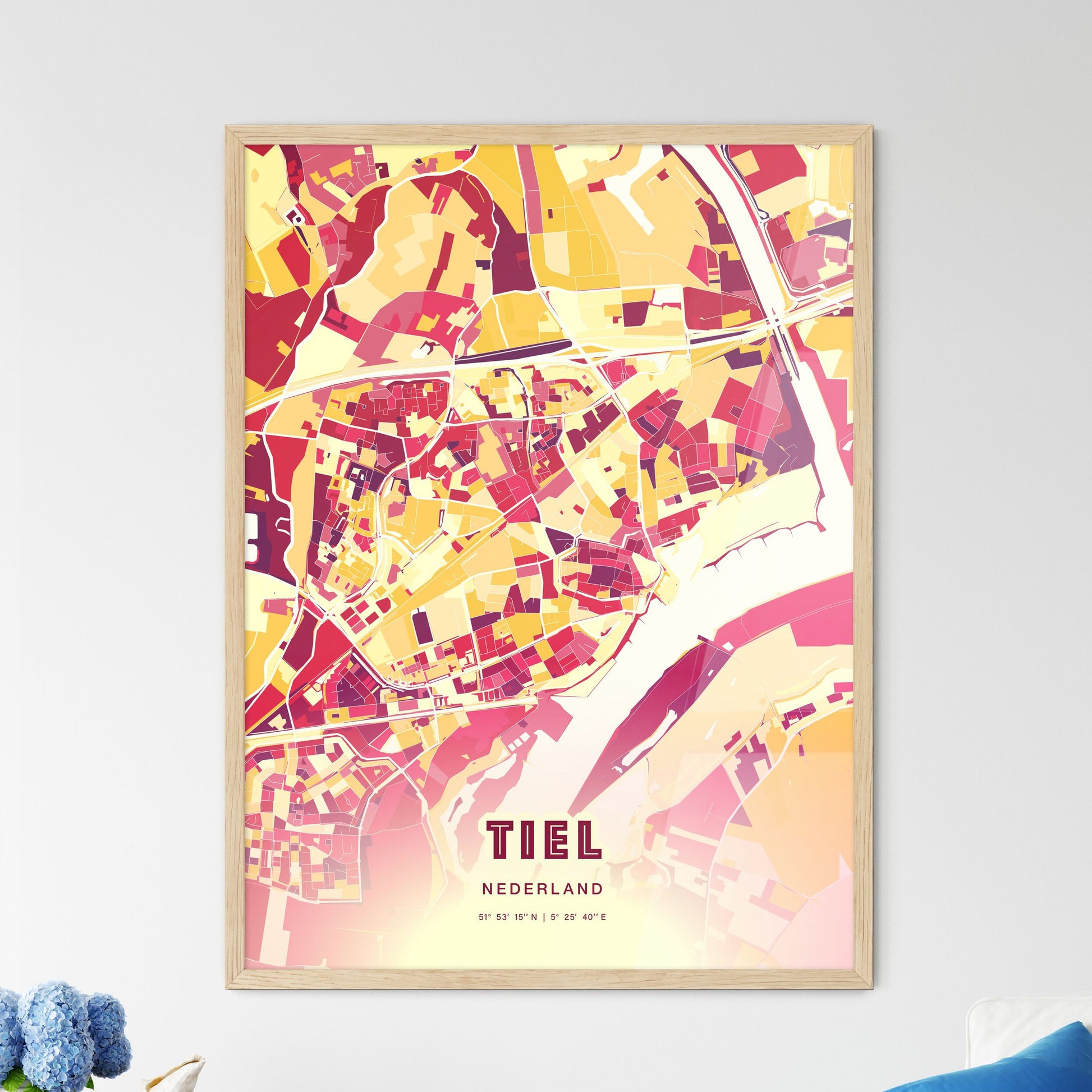 Colorful TIEL NETHERLANDS Fine Art Map Hot Red