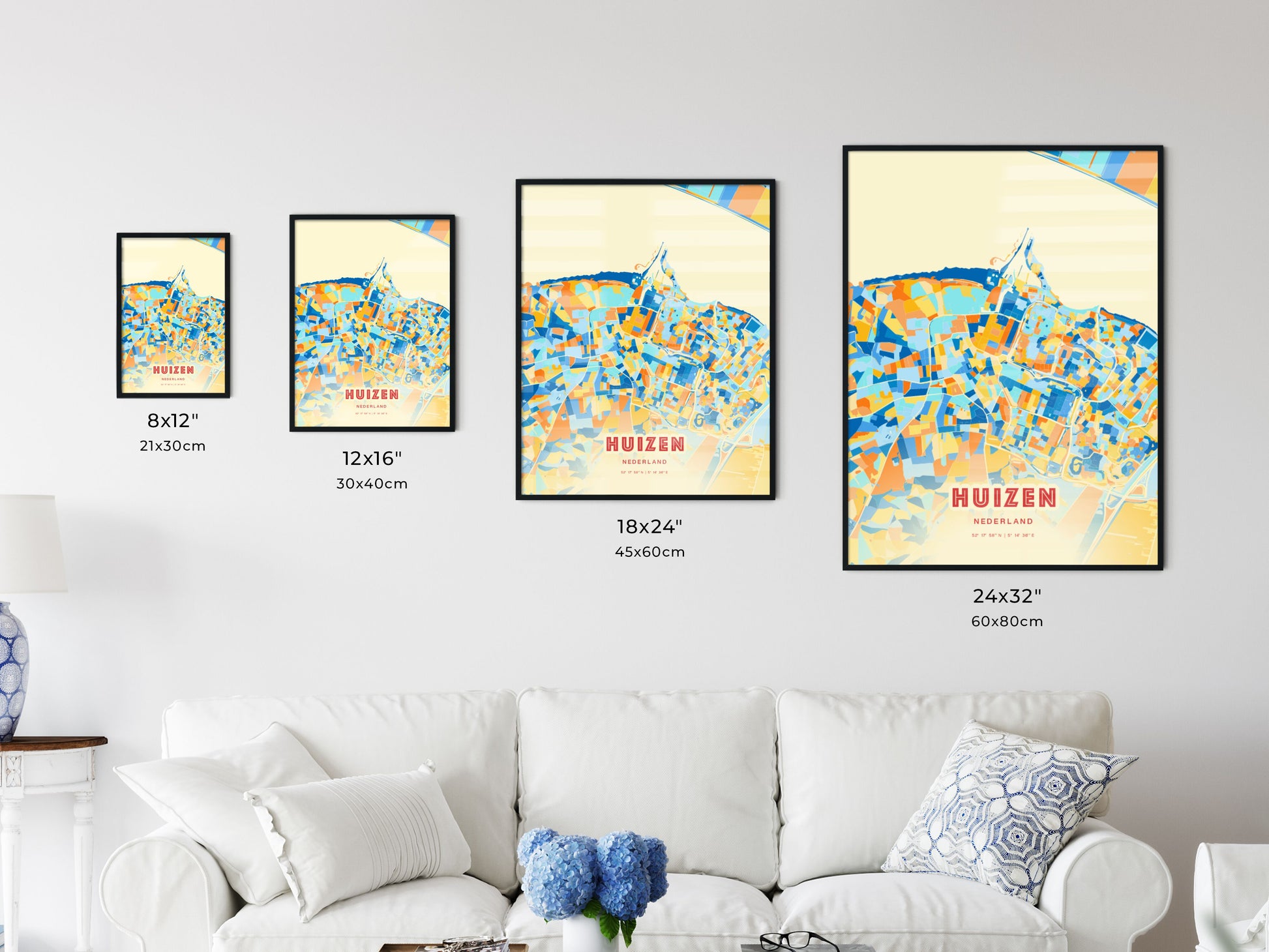 Colorful HUIZEN NETHERLANDS Fine Art Map Blue Orange