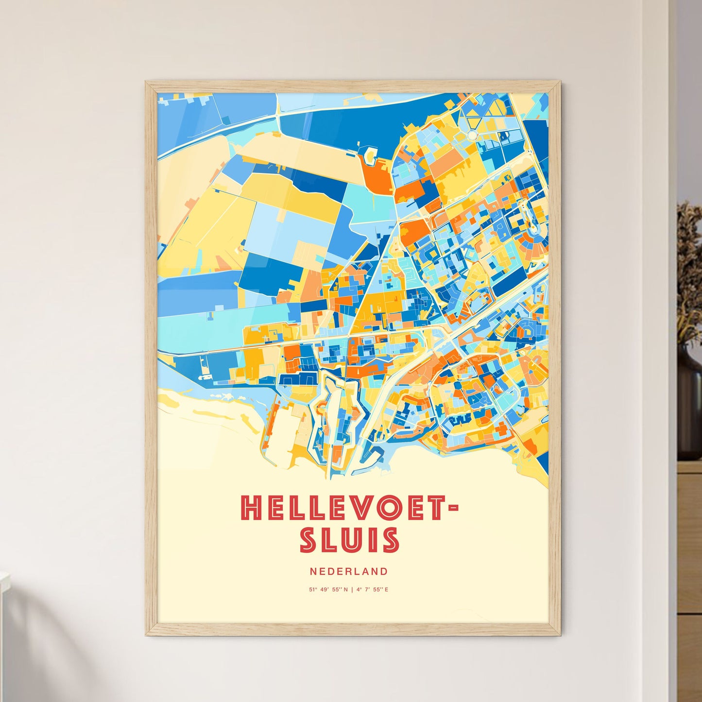 Colorful HELLEVOETSLUIS NETHERLANDS Fine Art Map Blue Orange