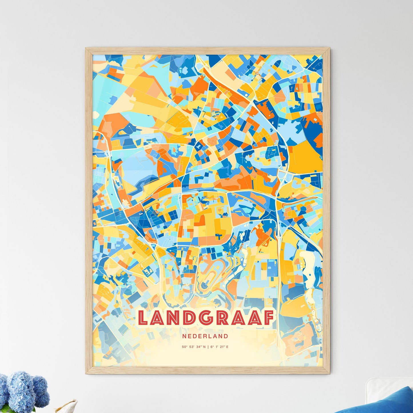 Colorful LANDGRAAF NETHERLANDS Fine Art Map Blue Orange