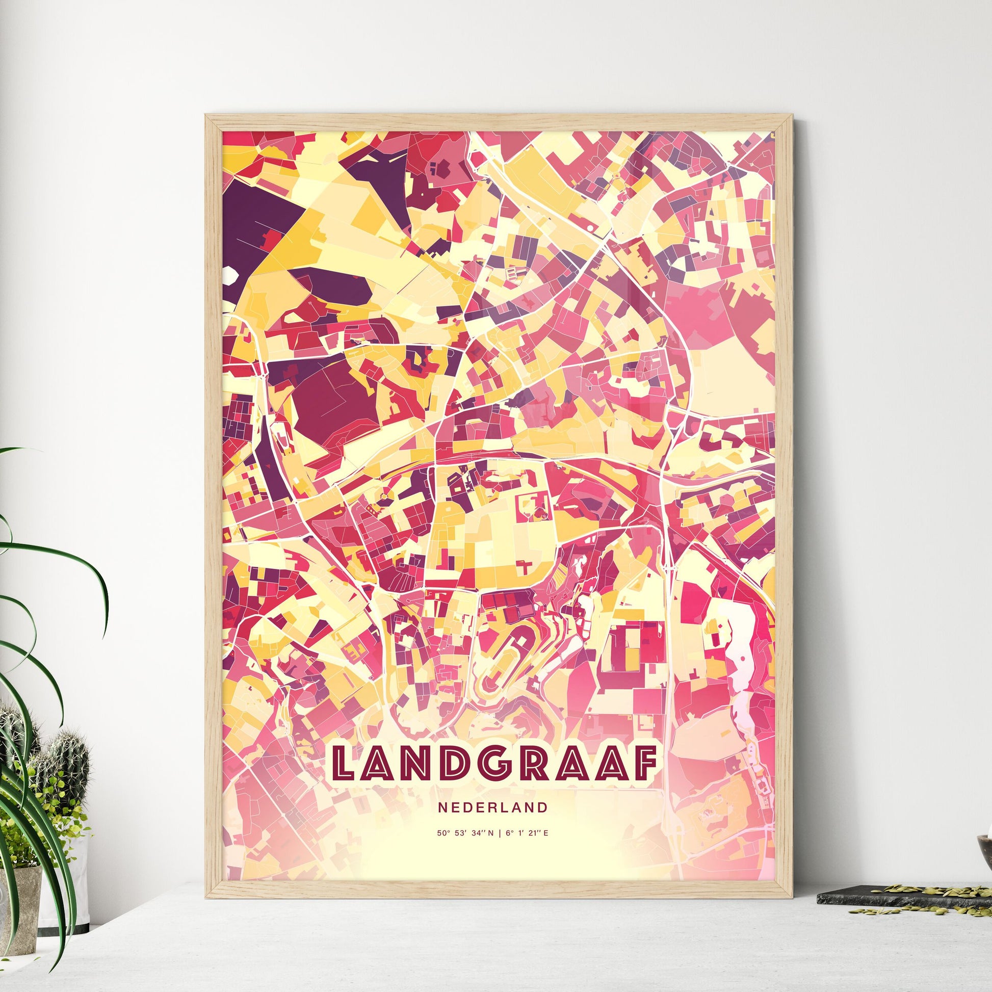 Colorful LANDGRAAF NETHERLANDS Fine Art Map Hot Red