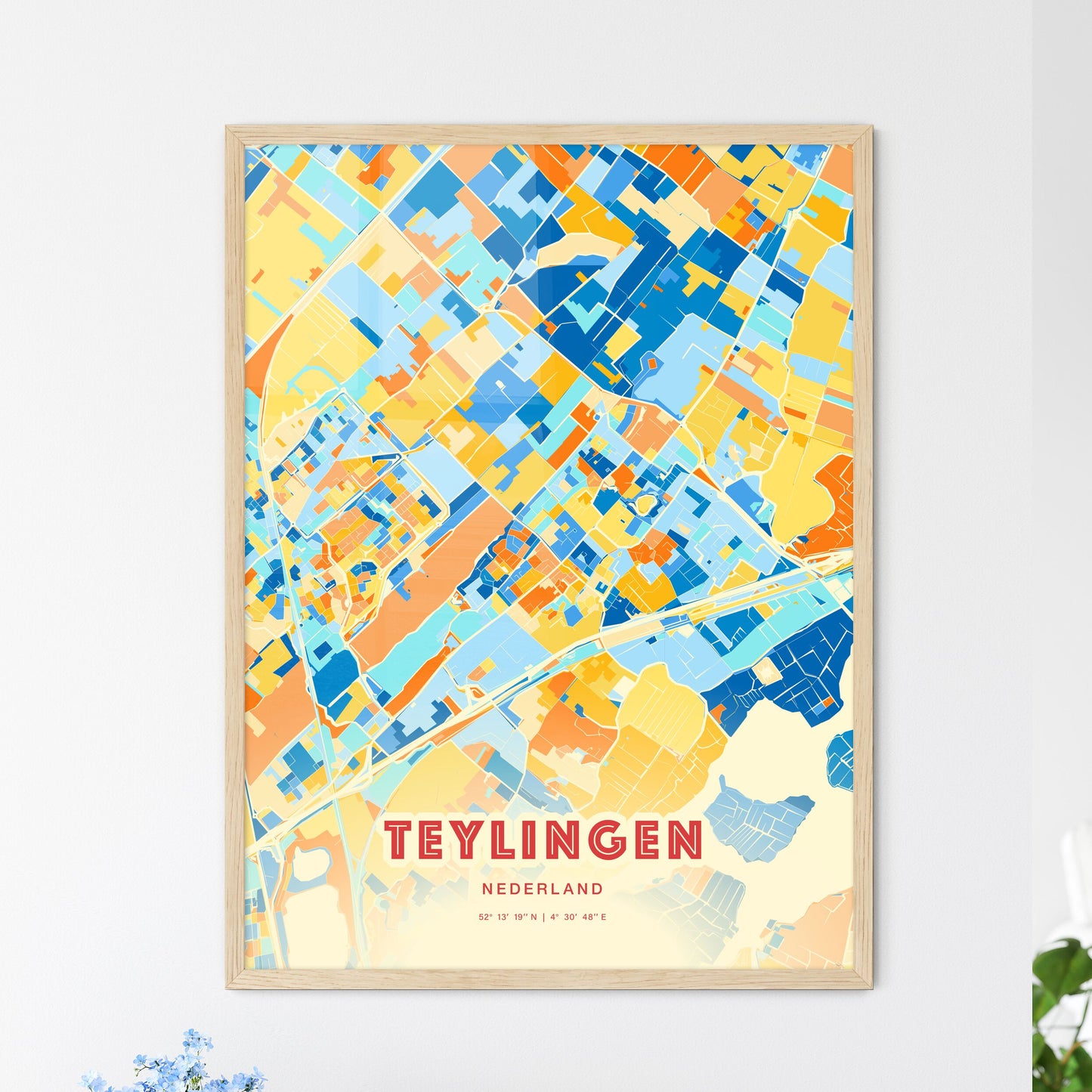 Colorful TEYLINGEN NETHERLANDS Fine Art Map Blue Orange