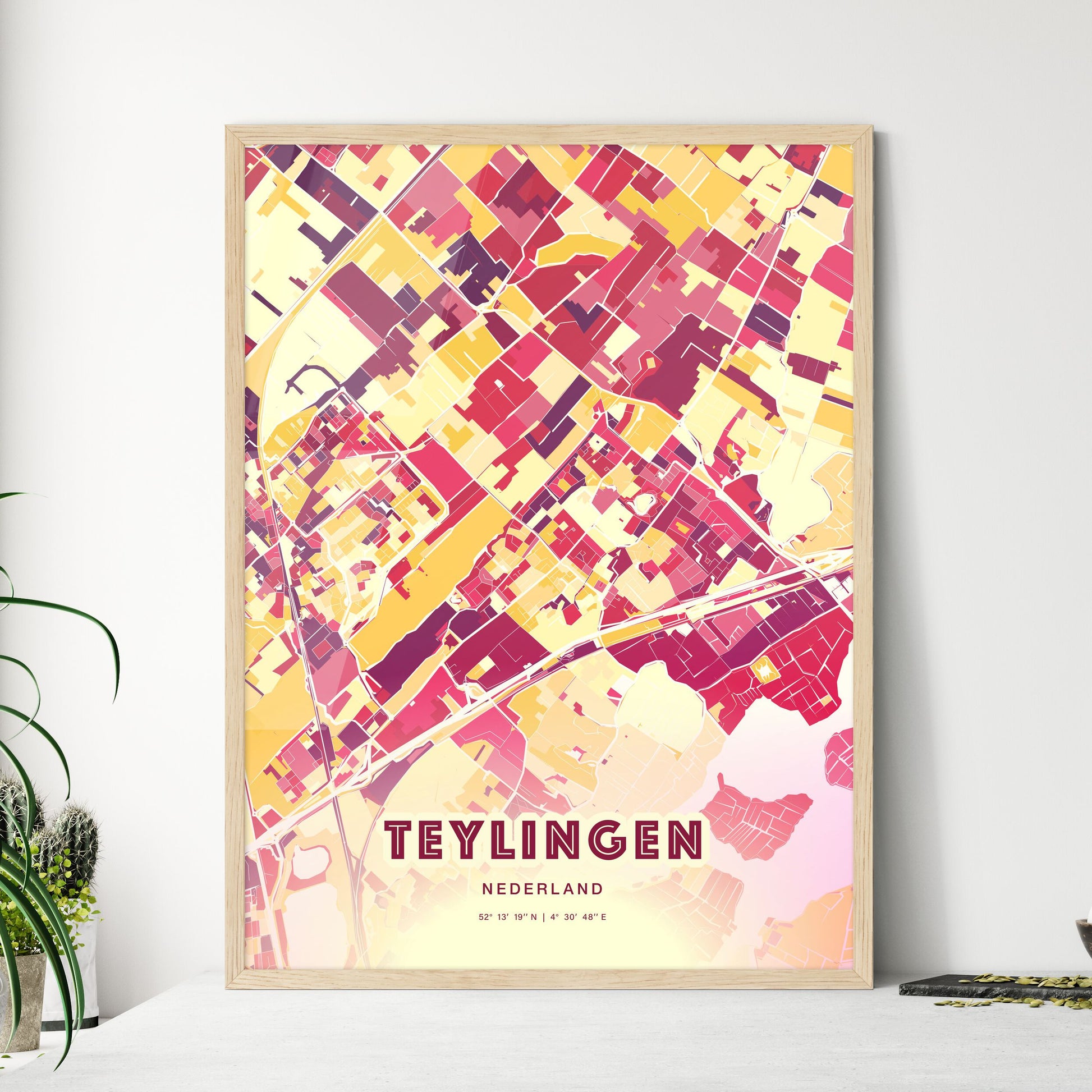 Colorful TEYLINGEN NETHERLANDS Fine Art Map Hot Red