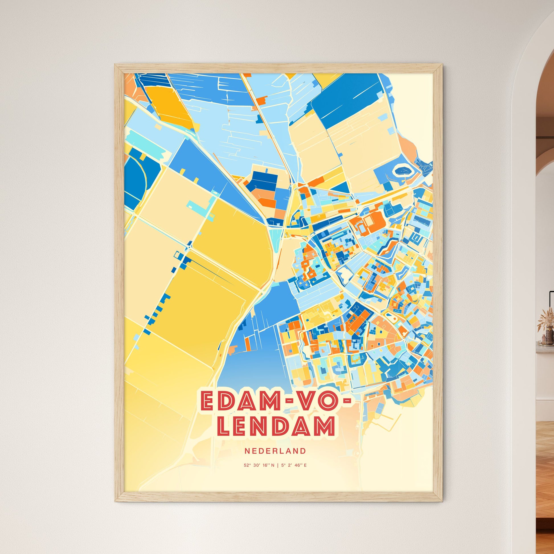 Colorful EDAM-VOLENDAM NETHERLANDS Fine Art Map Blue Orange