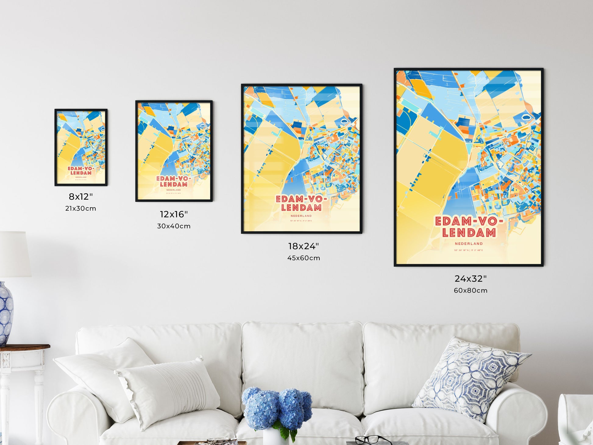 Colorful EDAM-VOLENDAM NETHERLANDS Fine Art Map Blue Orange