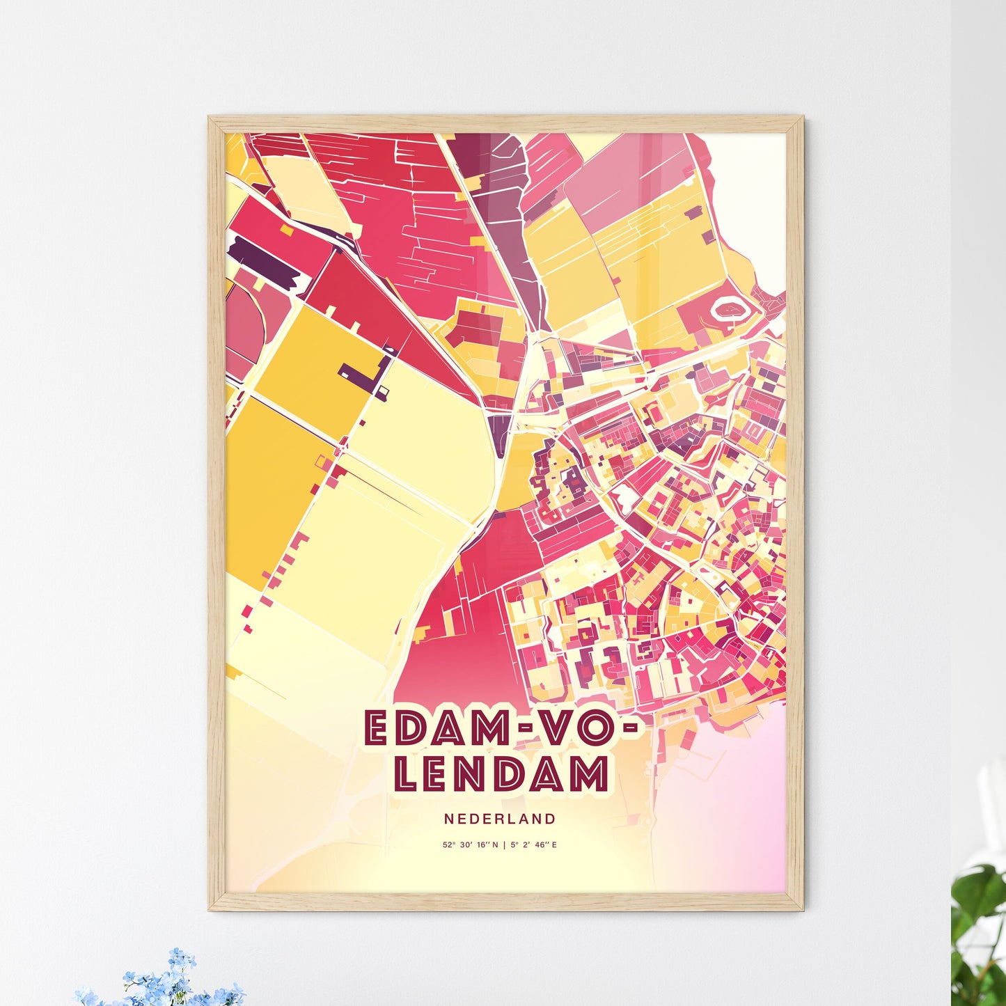 Colorful EDAM-VOLENDAM NETHERLANDS Fine Art Map Hot Red