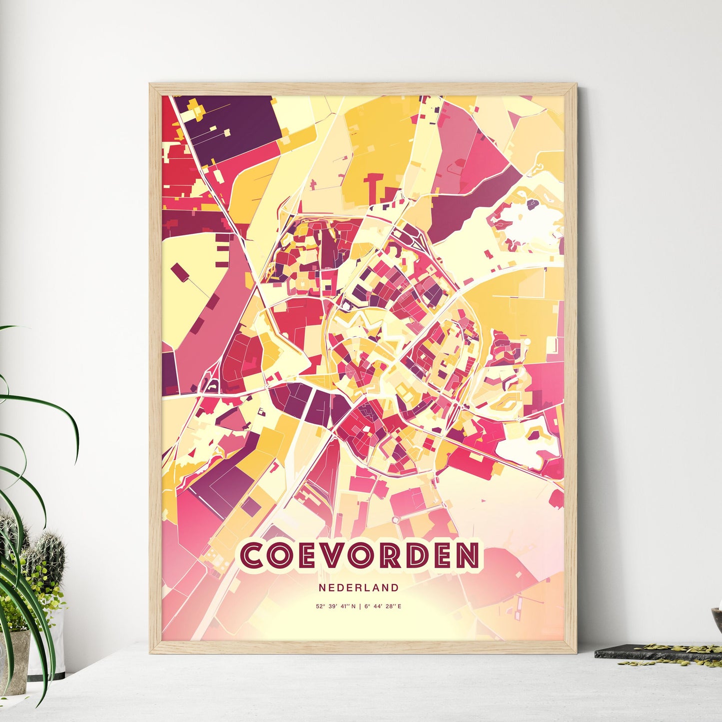 Colorful COEVORDEN NETHERLANDS Fine Art Map Hot Red