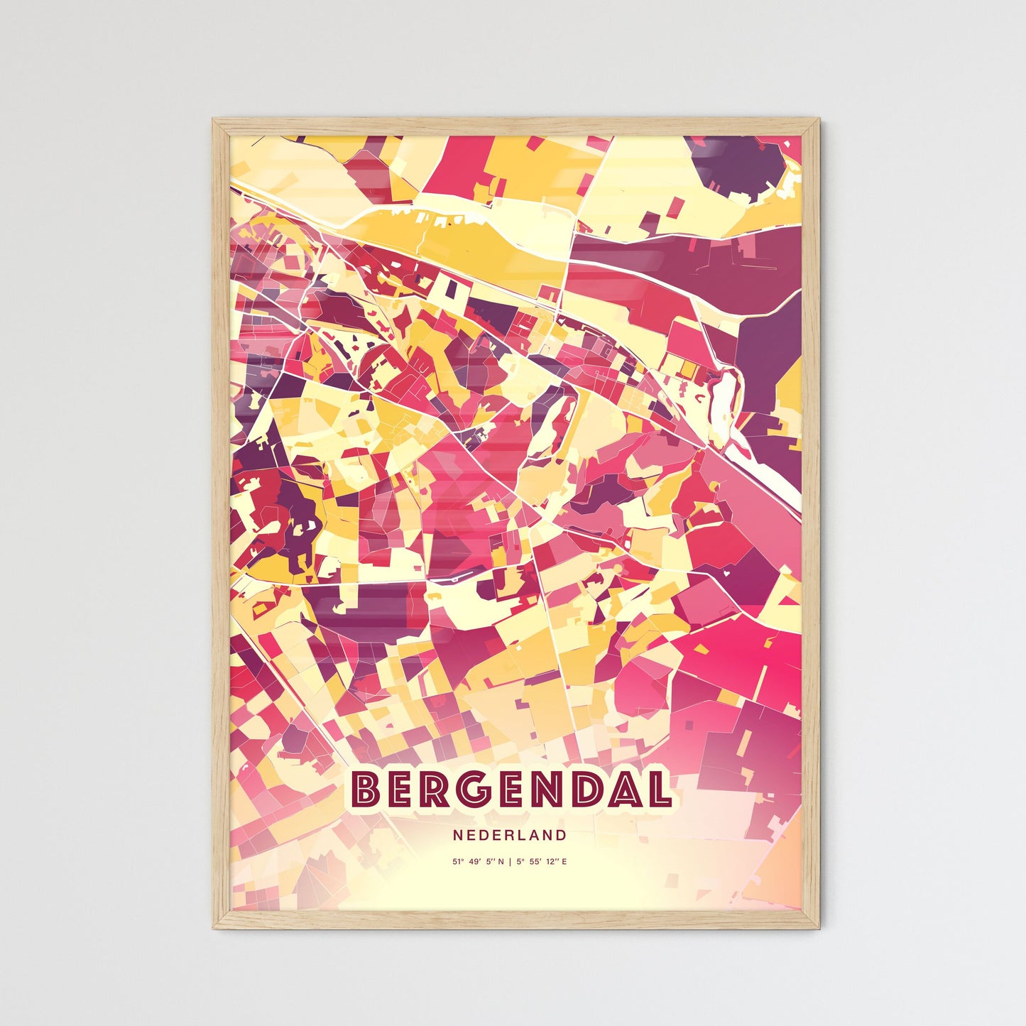 Colorful BERG EN DAL NETHERLANDS Fine Art Map Hot Red