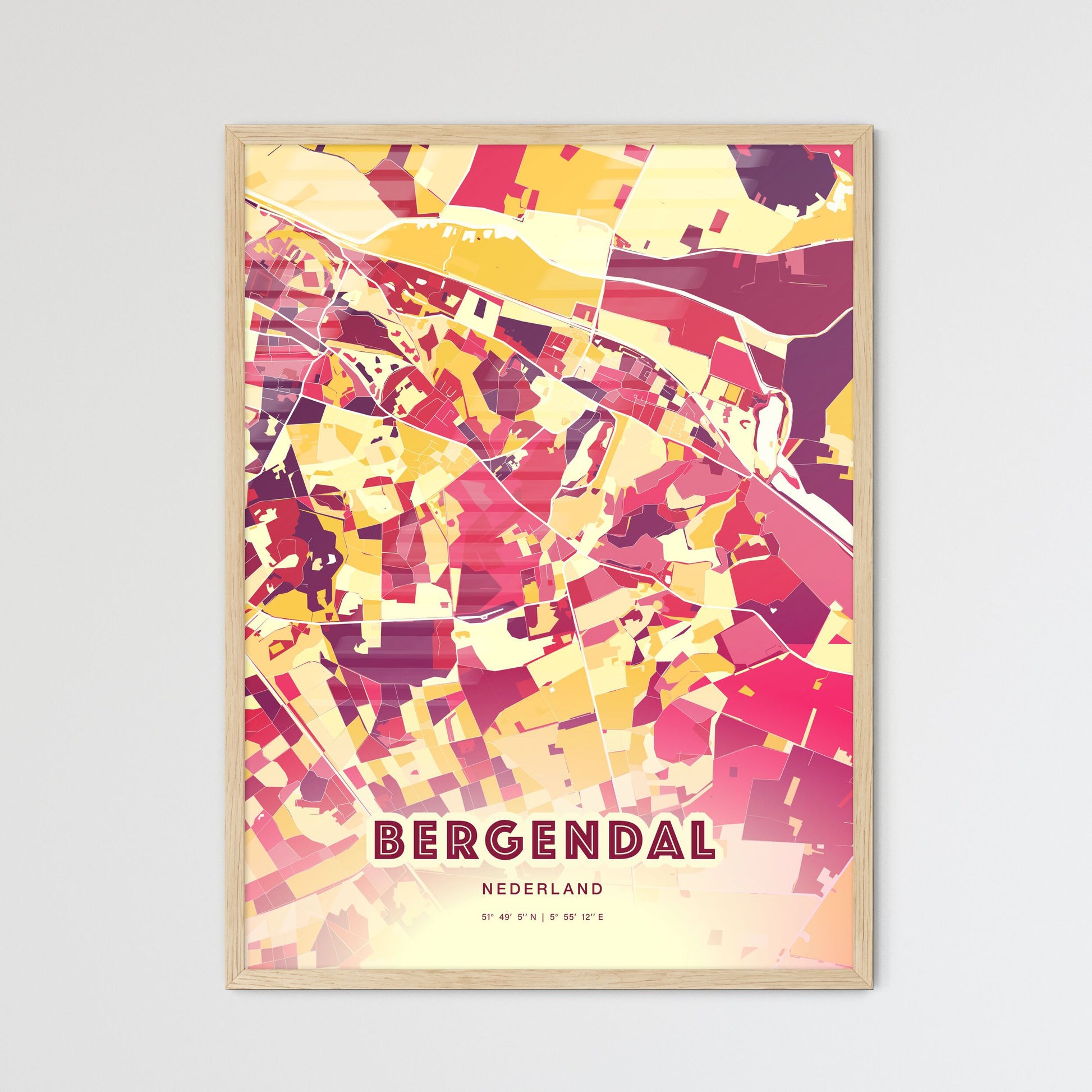 Colorful BERG EN DAL NETHERLANDS Fine Art Map Hot Red