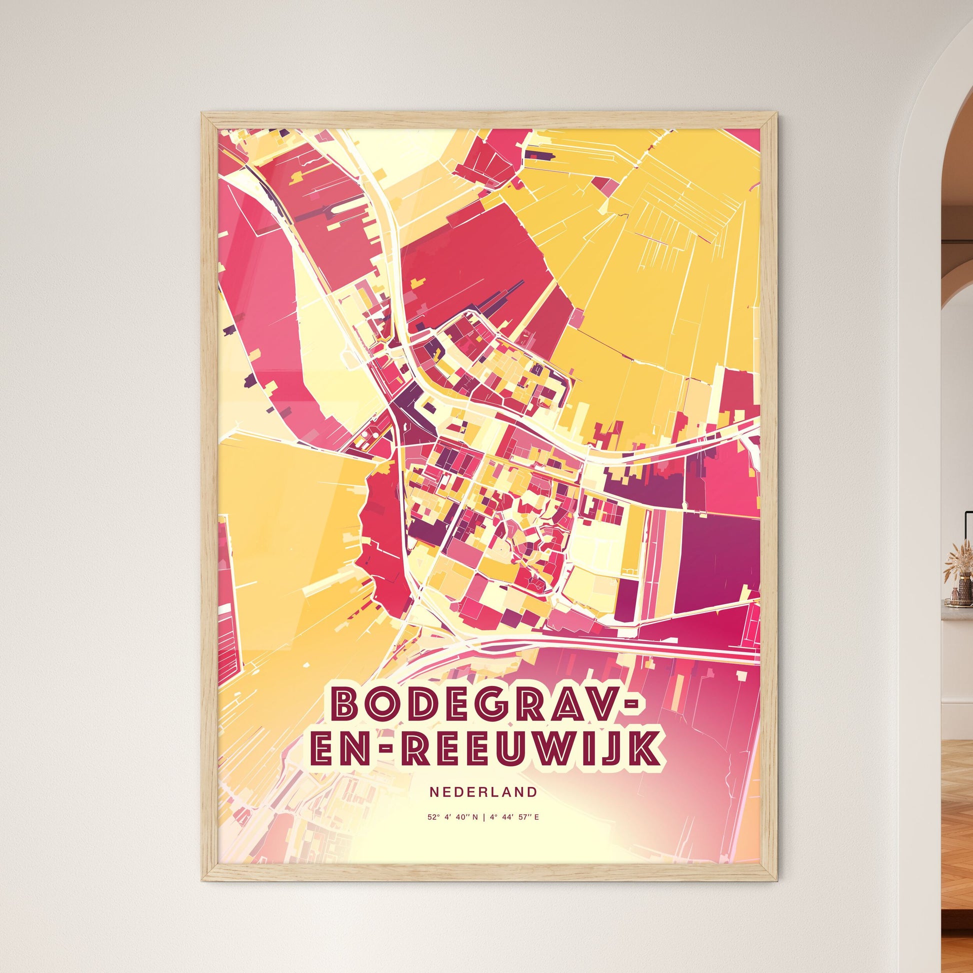 Colorful BODEGRAVEN-REEUWIJK NETHERLANDS Fine Art Map Hot Red