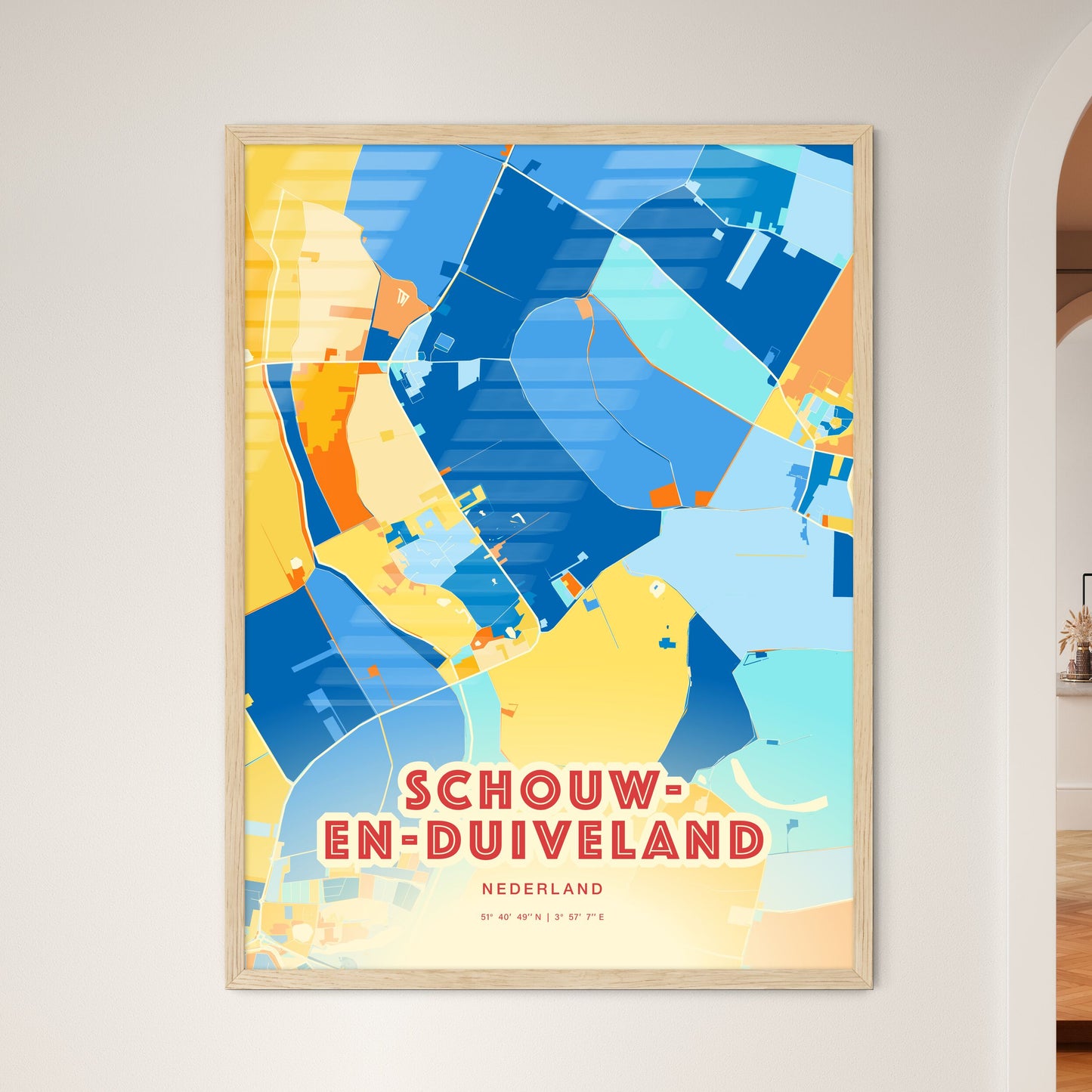 Colorful SCHOUWEN-DUIVELAND NETHERLANDS Fine Art Map Blue Orange