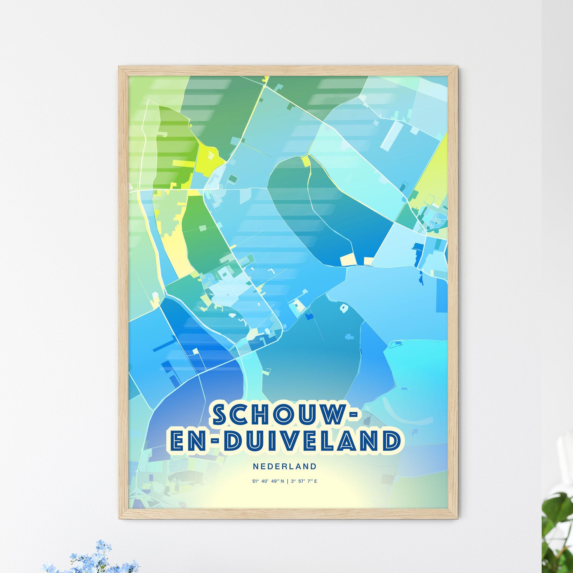 Colorful SCHOUWEN-DUIVELAND NETHERLANDS Fine Art Map Cool Blue