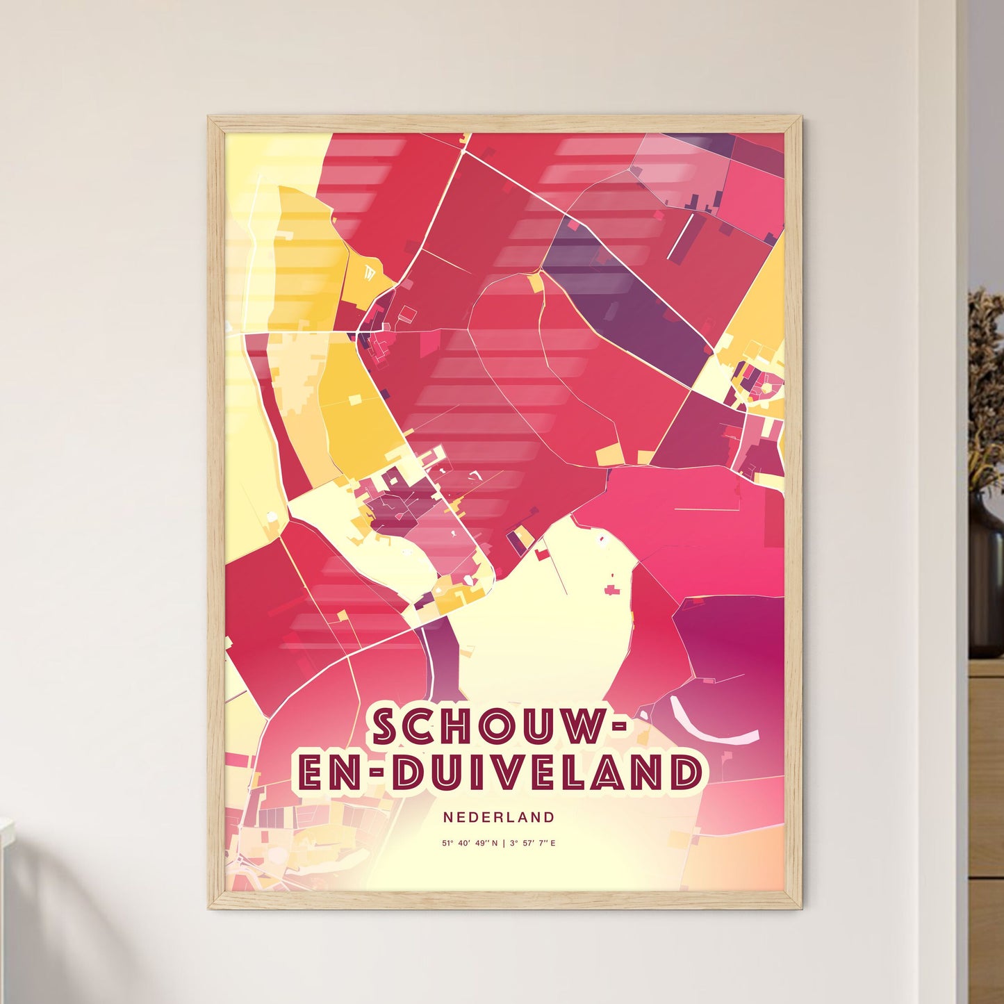 Colorful SCHOUWEN-DUIVELAND NETHERLANDS Fine Art Map Hot Red