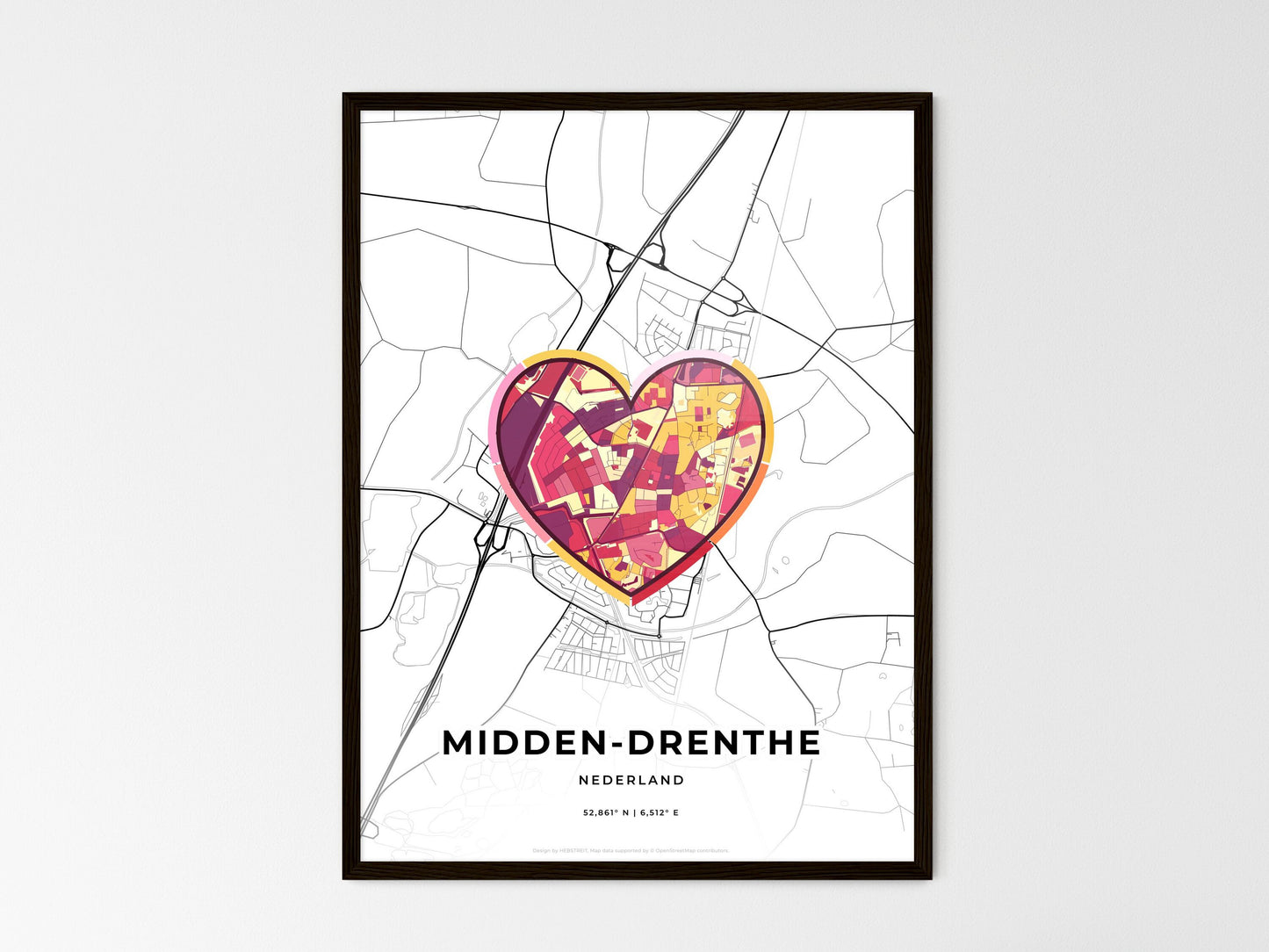 Midden-Drenthe Netherlands wedding art map with heart icon