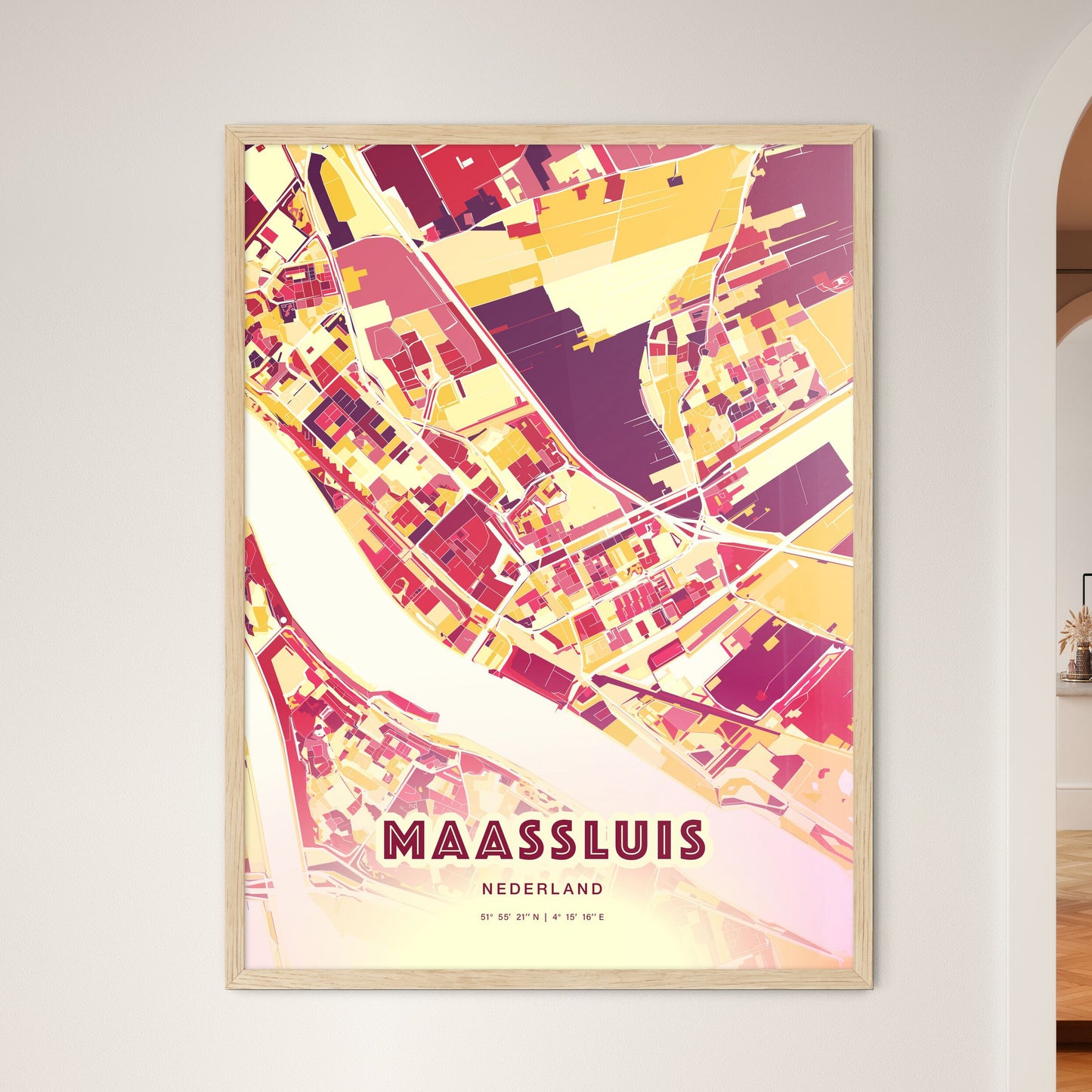 Colorful MAASSLUIS NETHERLANDS Fine Art Map Hot Red