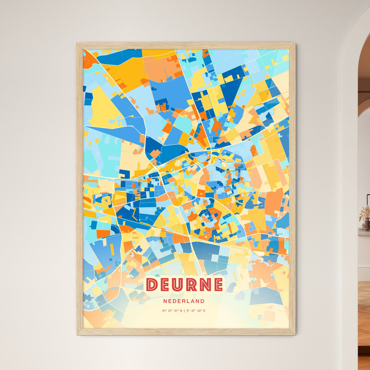 Colorful DEURNE NETHERLANDS Fine Art Map Blue Orange