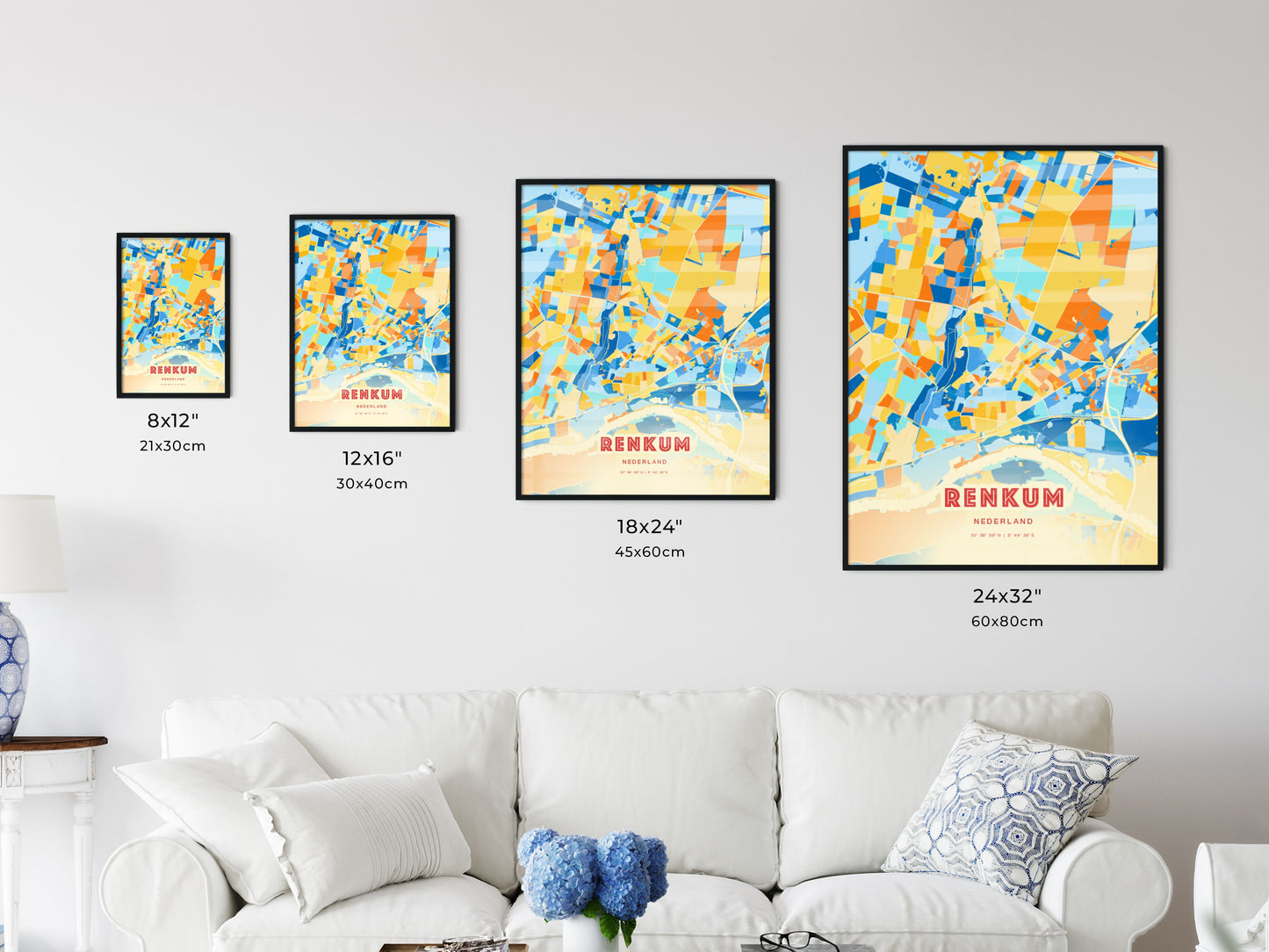 Colorful RENKUM NETHERLANDS Fine Art Map Blue Orange