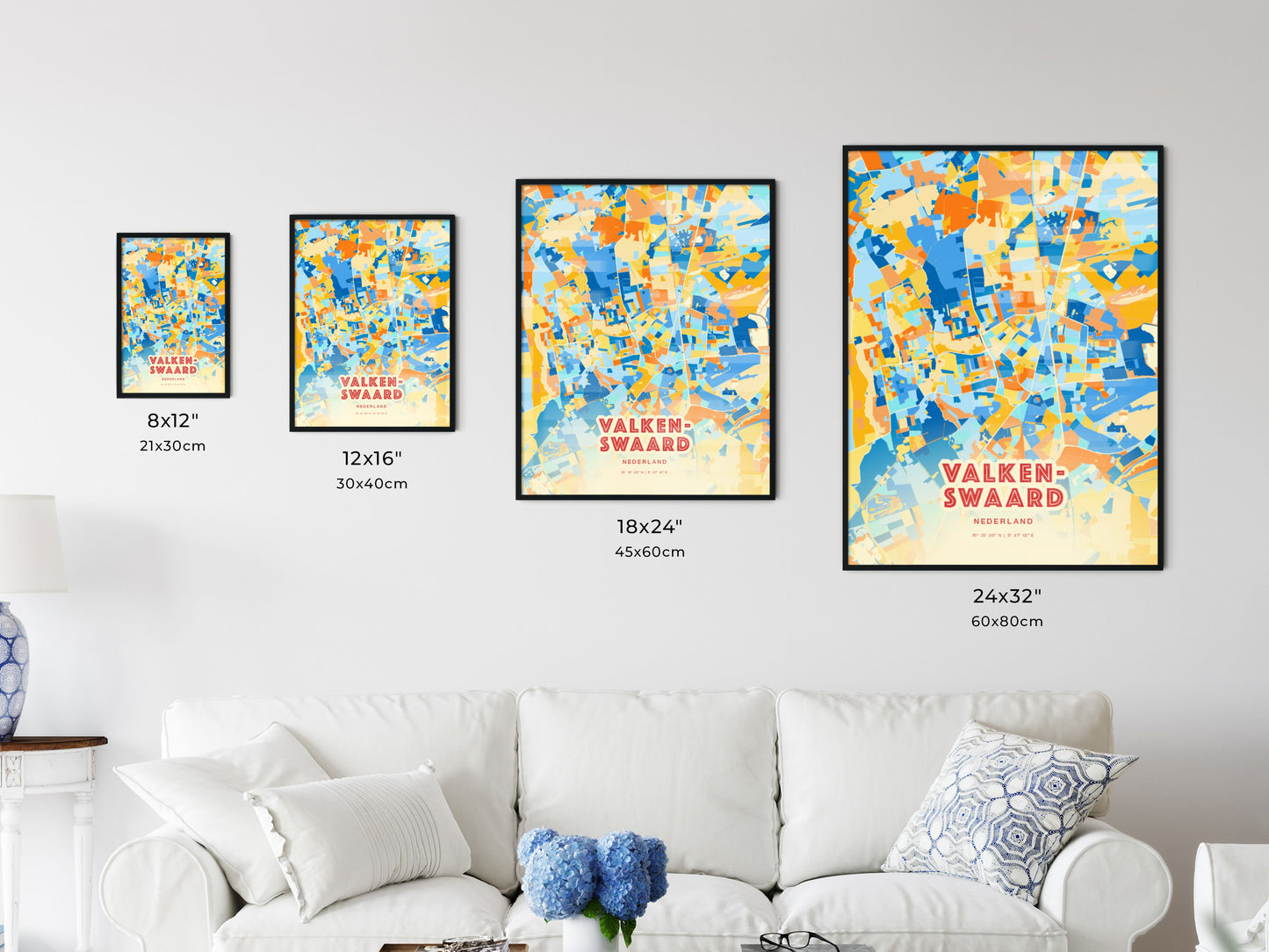 Colorful VALKENSWAARD NETHERLANDS Fine Art Map Blue Orange