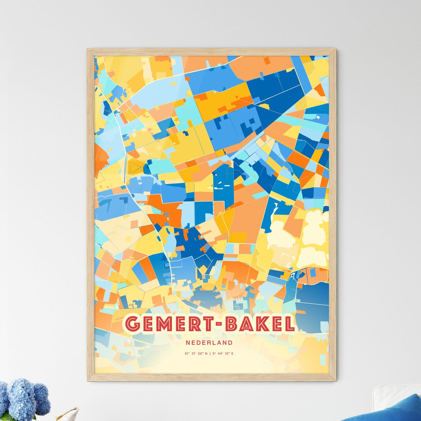 Colorful GEMERT-BAKEL NETHERLANDS Fine Art Map Blue Orange