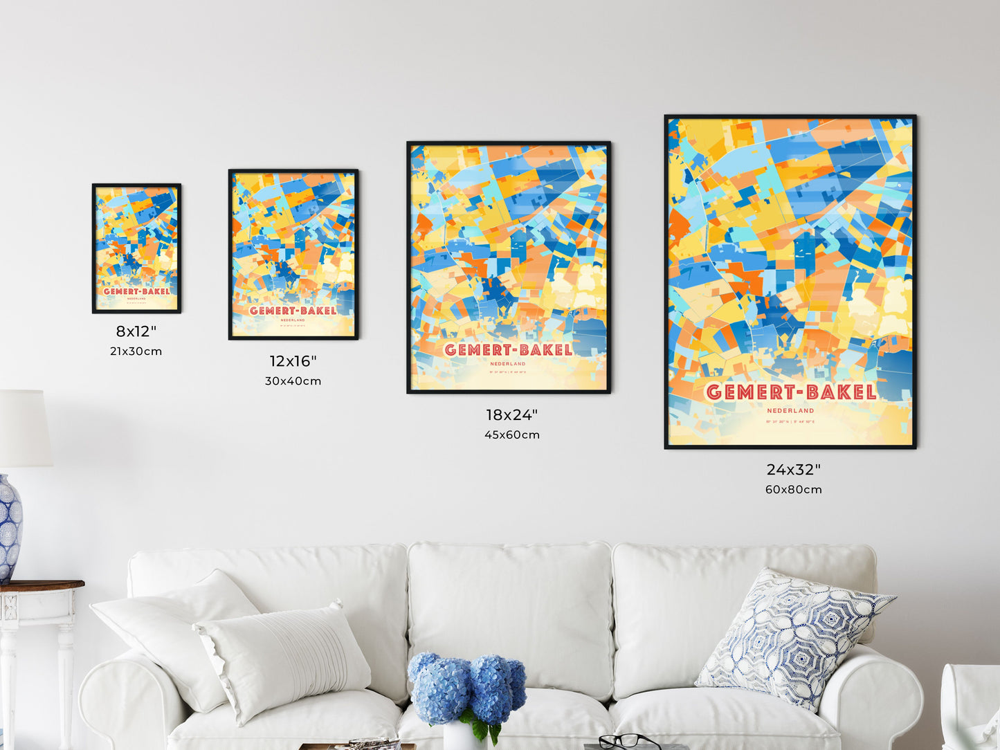 Colorful GEMERT-BAKEL NETHERLANDS Fine Art Map Blue Orange