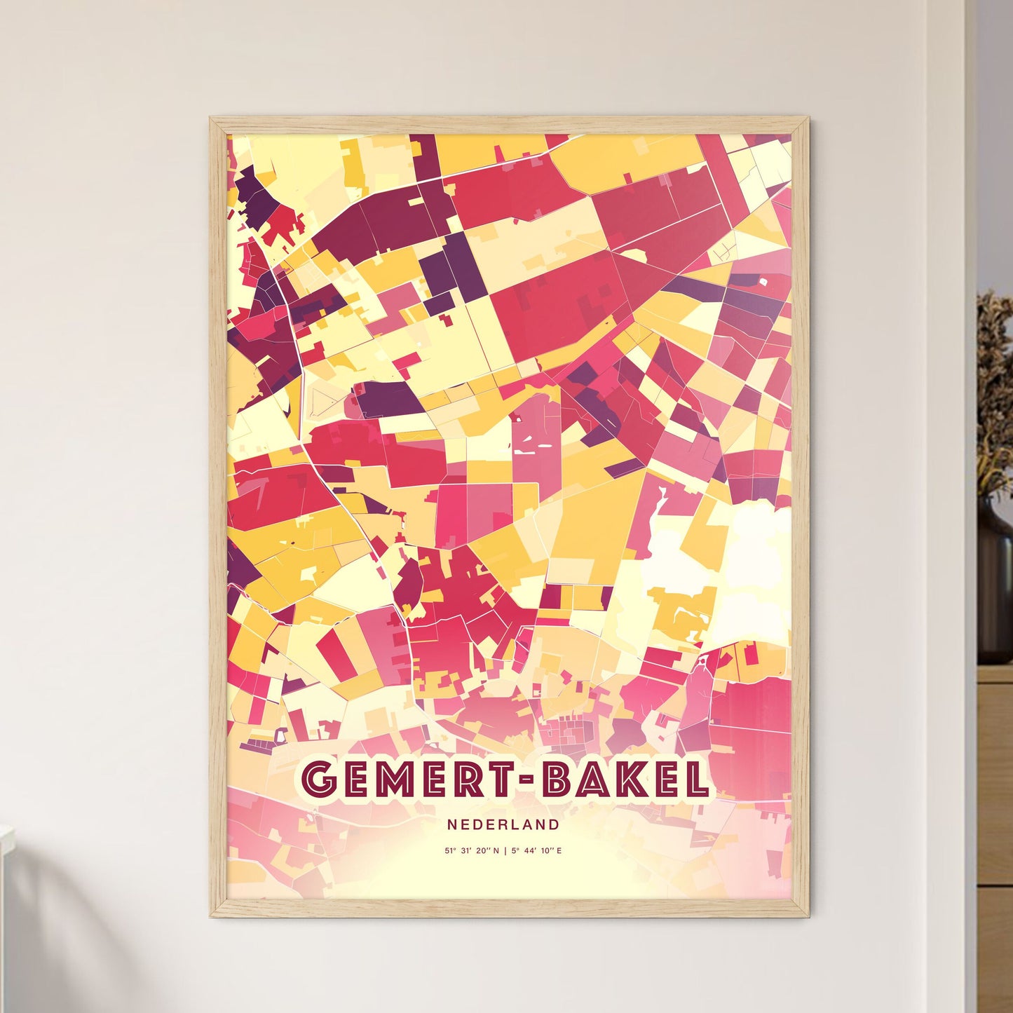 Colorful GEMERT-BAKEL NETHERLANDS Fine Art Map Hot Red