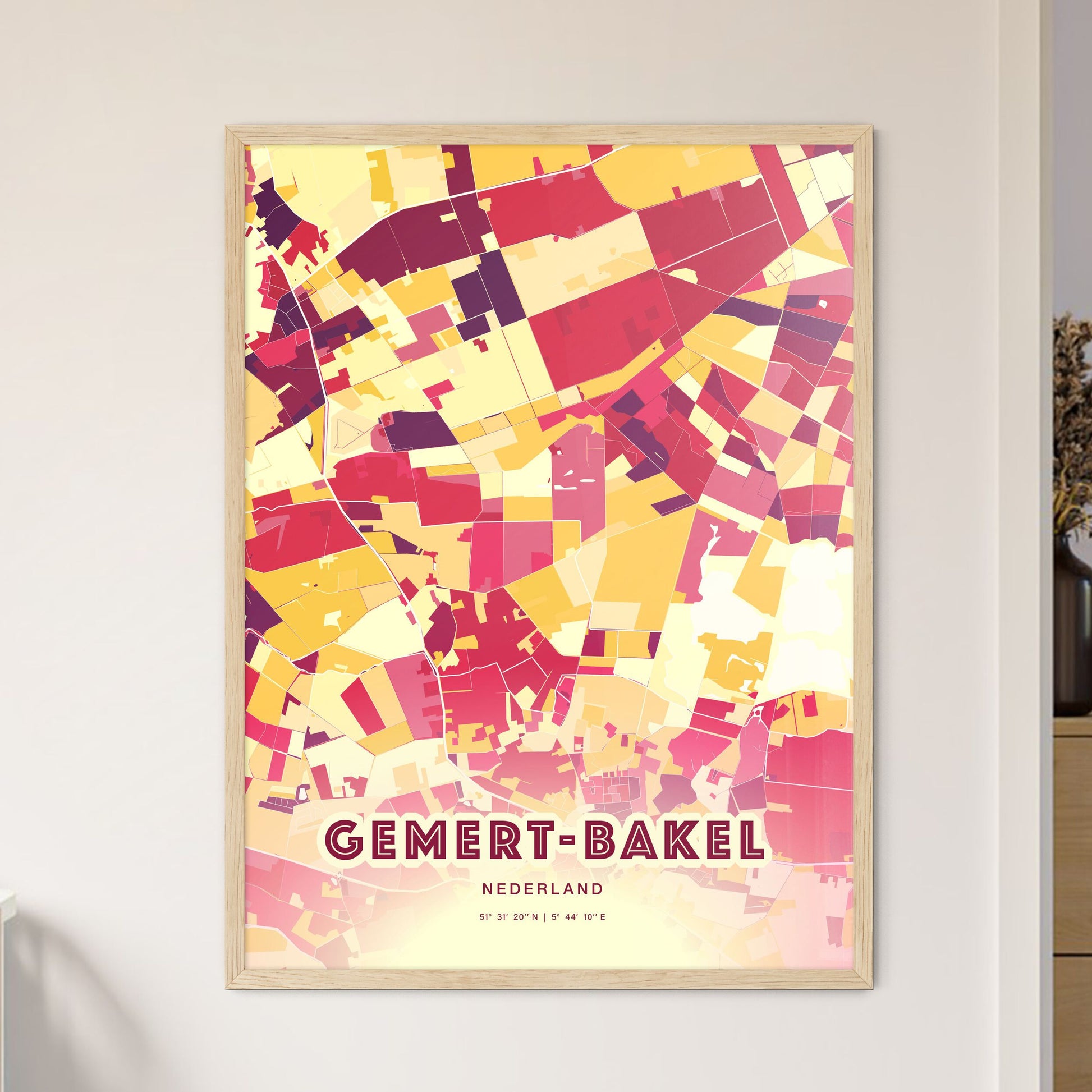 Colorful GEMERT-BAKEL NETHERLANDS Fine Art Map Hot Red