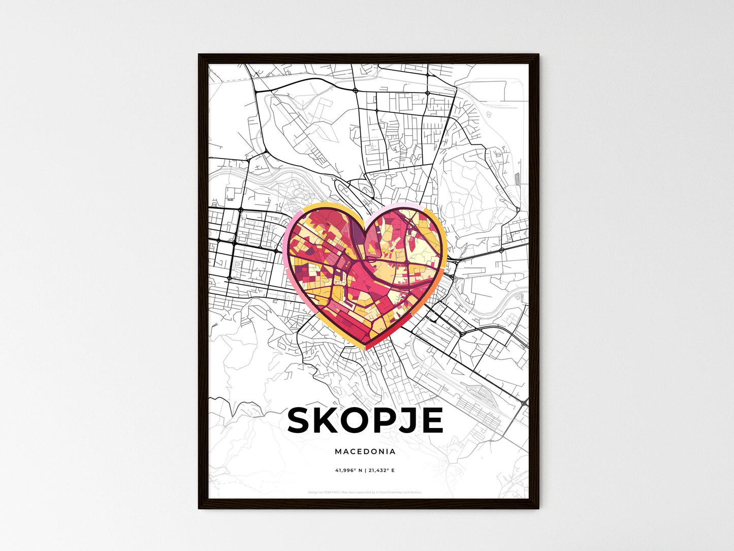 Skopje North Macedonia wedding art map with heart icon