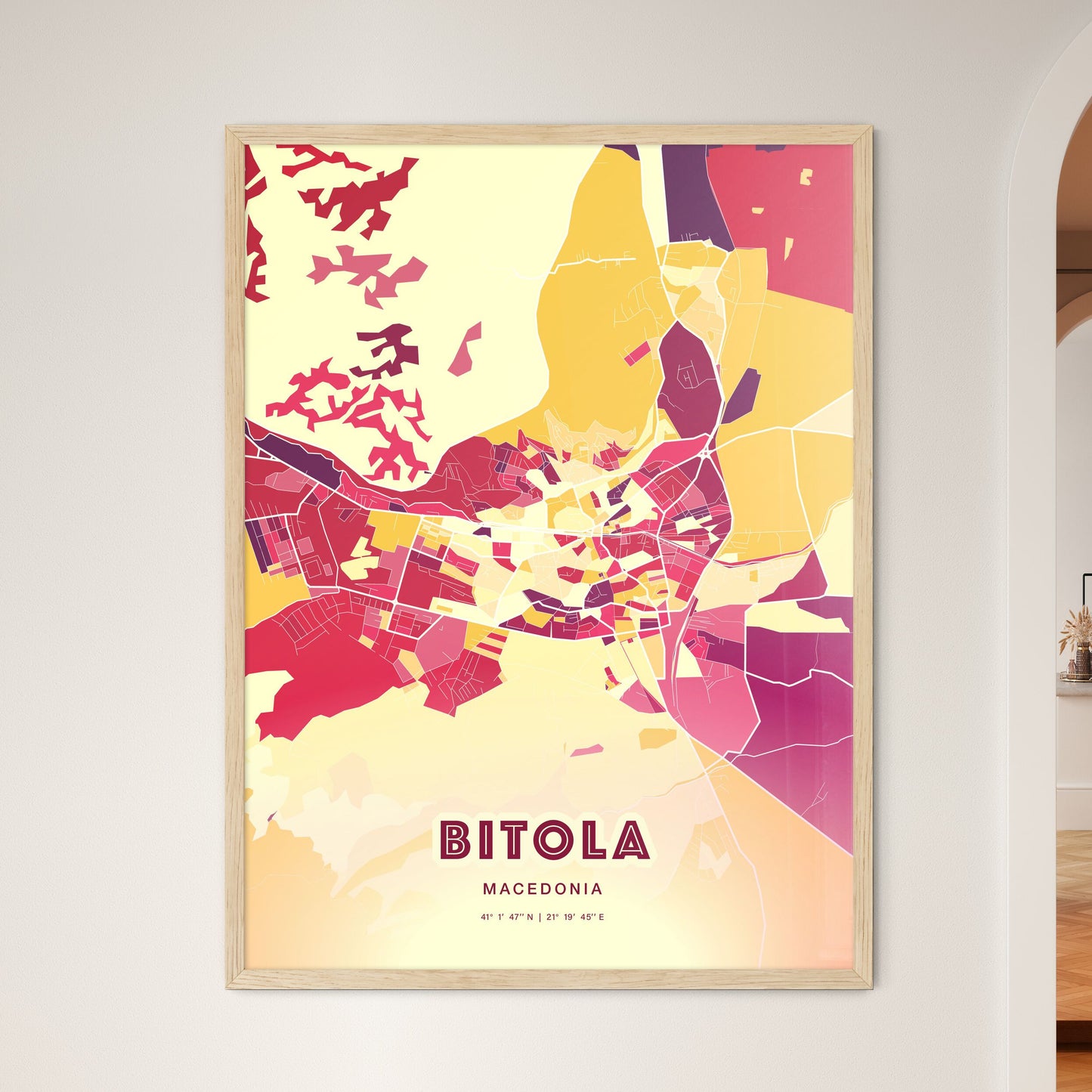 Colorful BITOLA NORTH MACEDONIA Fine Art Map Hot Red