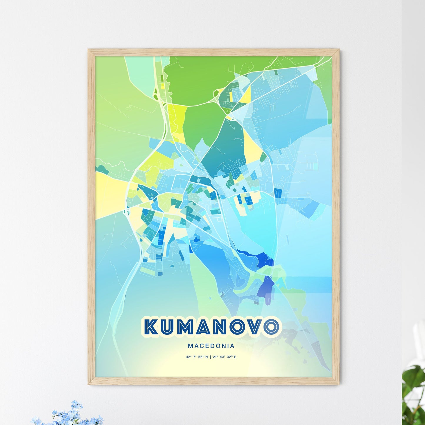 Colorful KUMANOVO NORTH MACEDONIA Fine Art Map Cool Blue