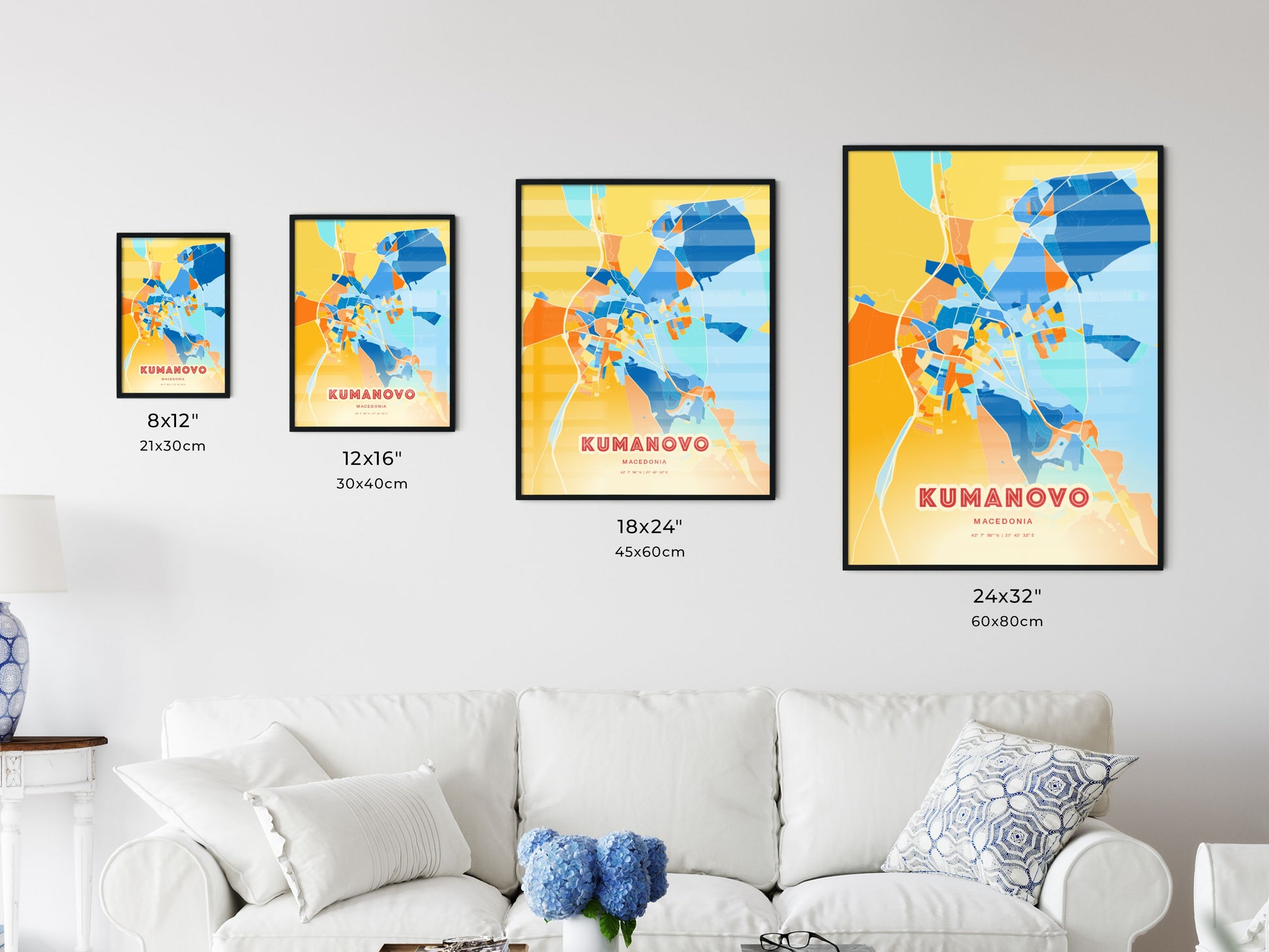 Colorful KUMANOVO NORTH MACEDONIA Fine Art Map Blue Orange