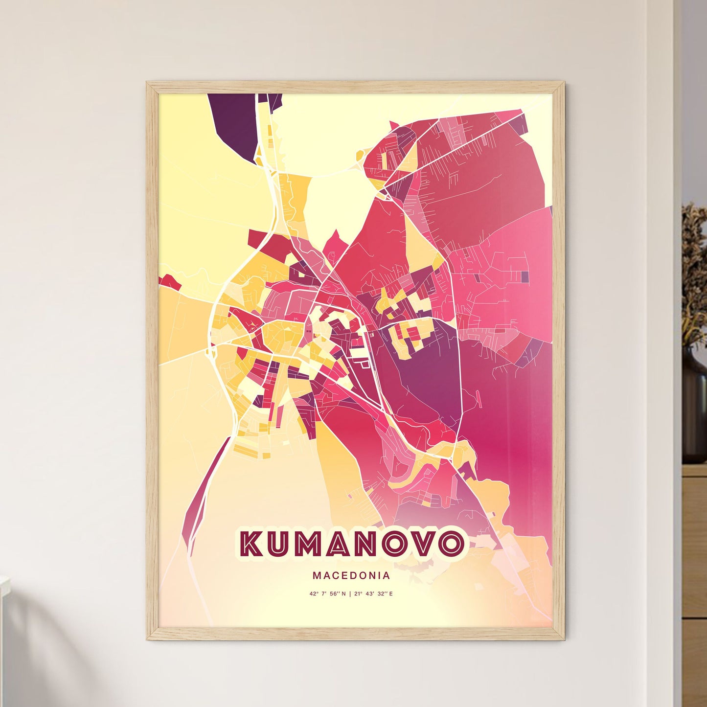 Colorful KUMANOVO NORTH MACEDONIA Fine Art Map Hot Red