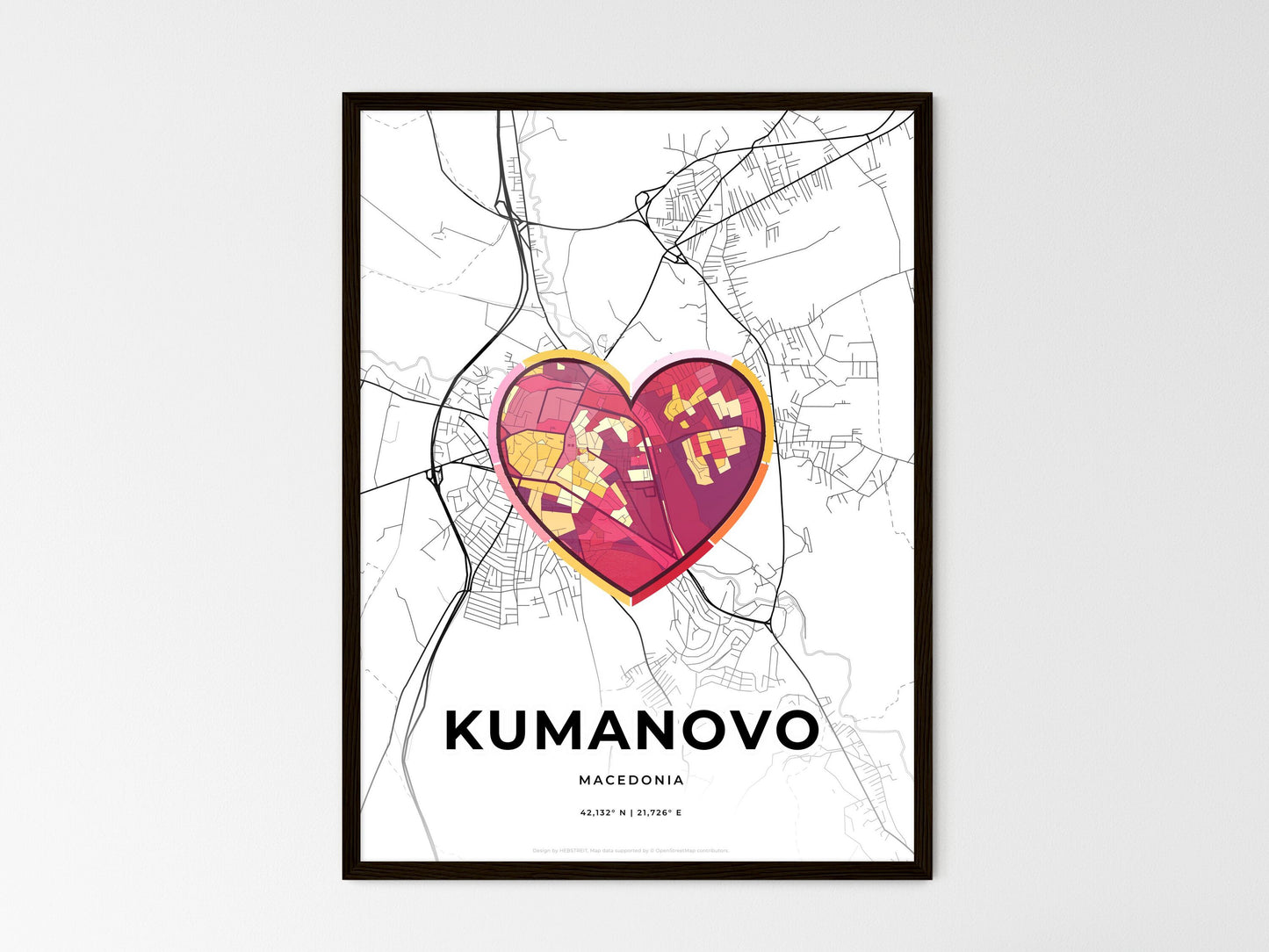 Kumanovo North Macedonia wedding art map with heart icon