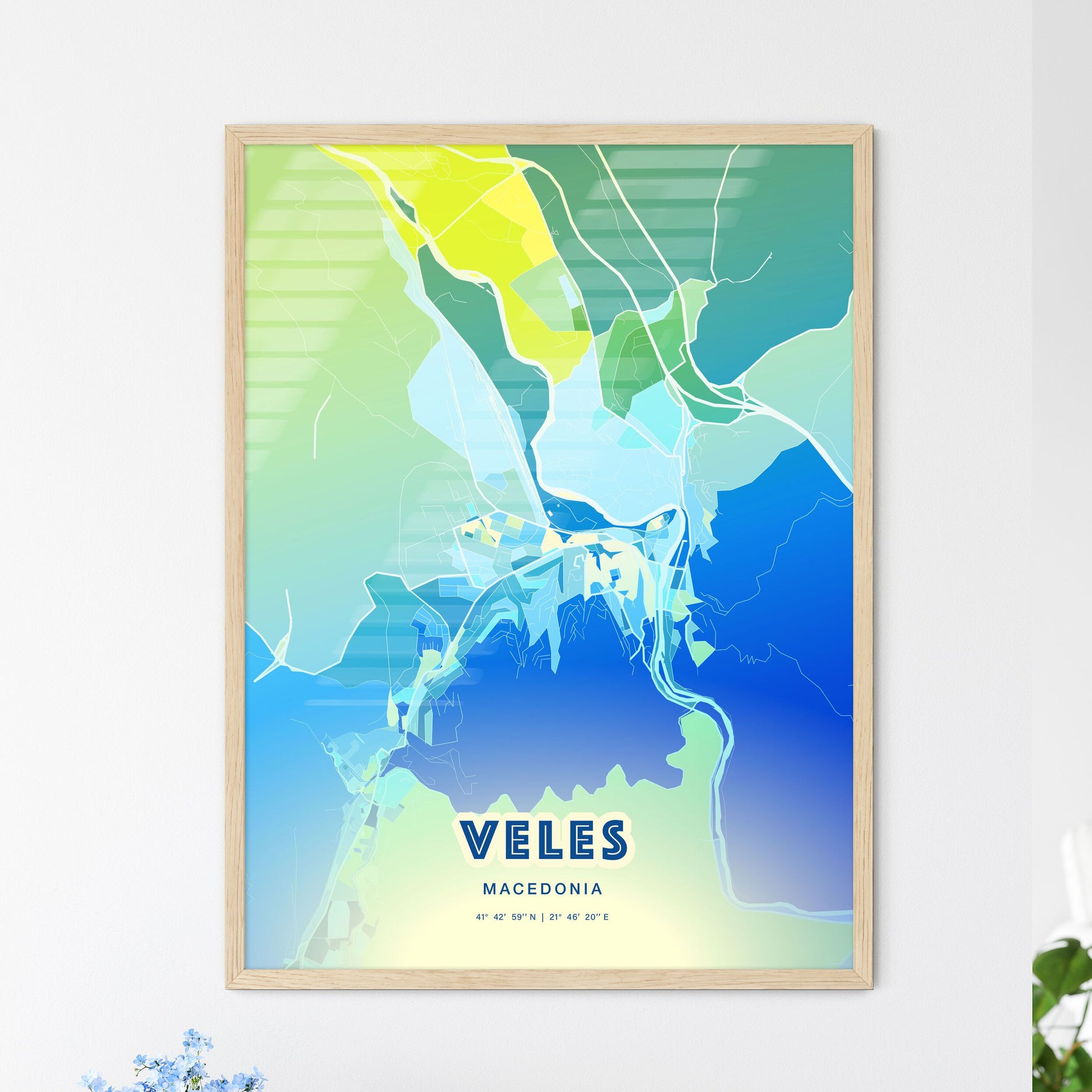 Colorful VELES NORTH MACEDONIA Fine Art Map Cool Blue