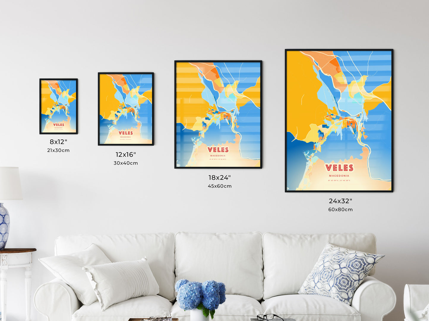 Colorful VELES NORTH MACEDONIA Fine Art Map Blue Orange