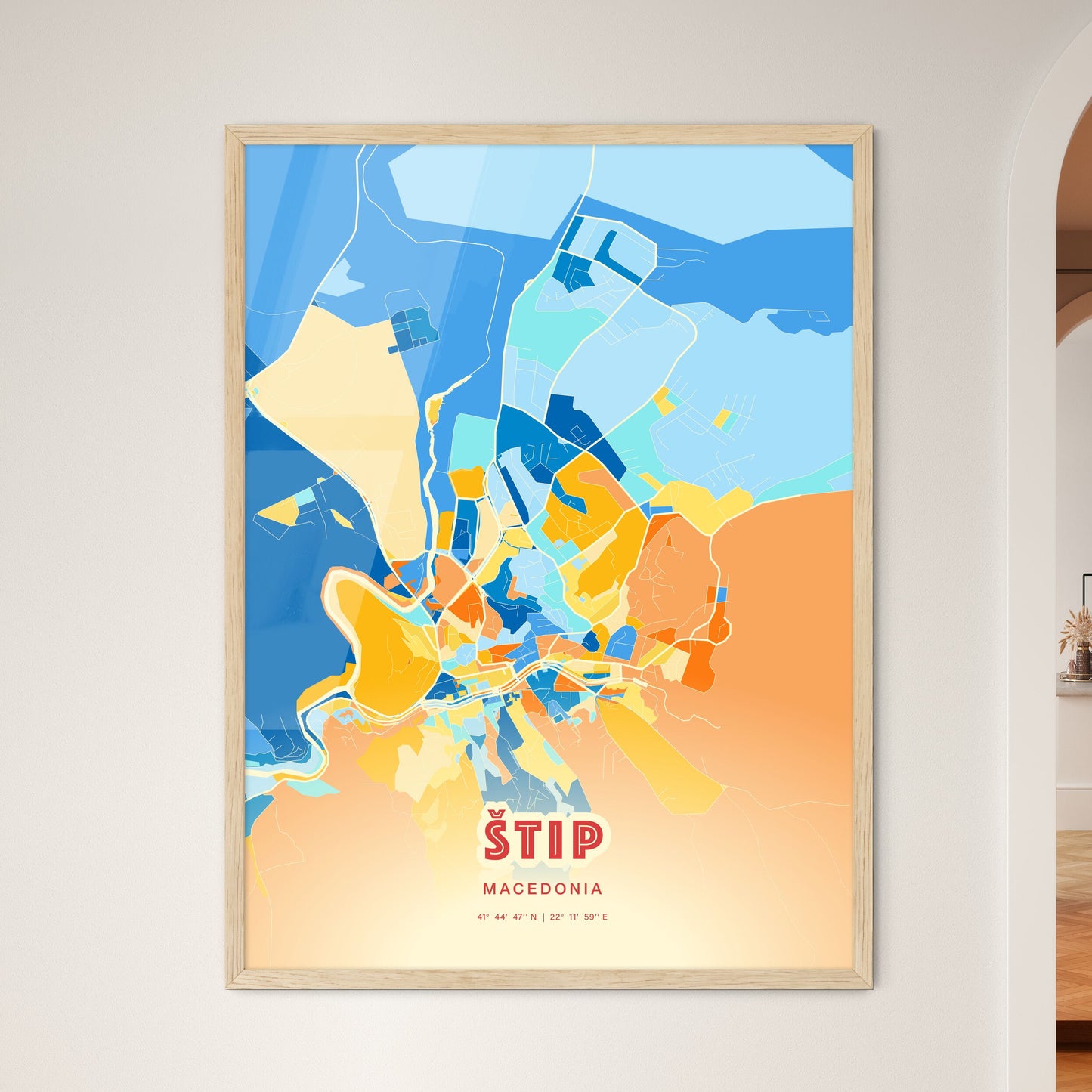 Colorful ŠTIP NORTH MACEDONIA Fine Art Map Blue Orange