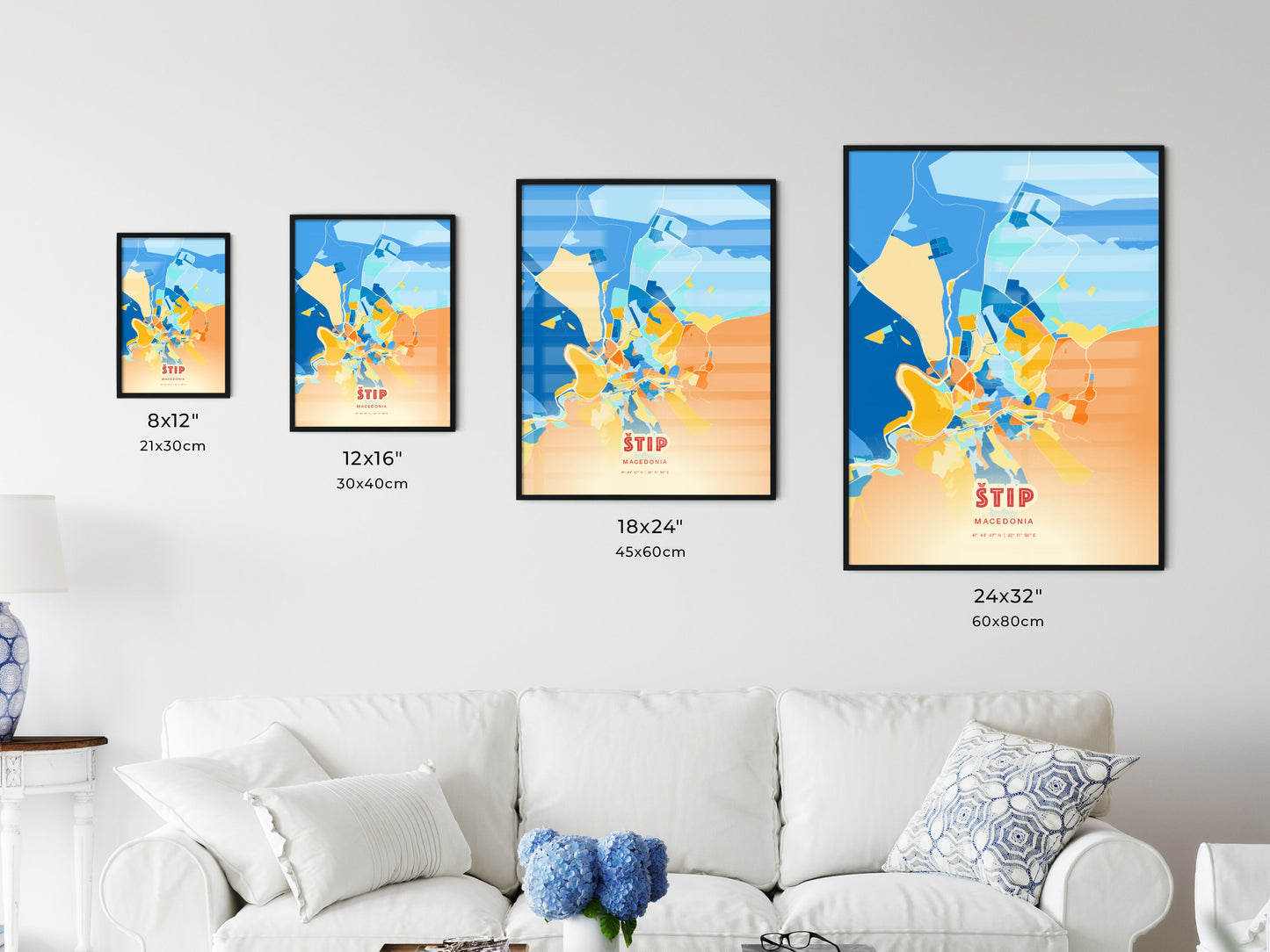 Colorful ŠTIP NORTH MACEDONIA Fine Art Map Blue Orange