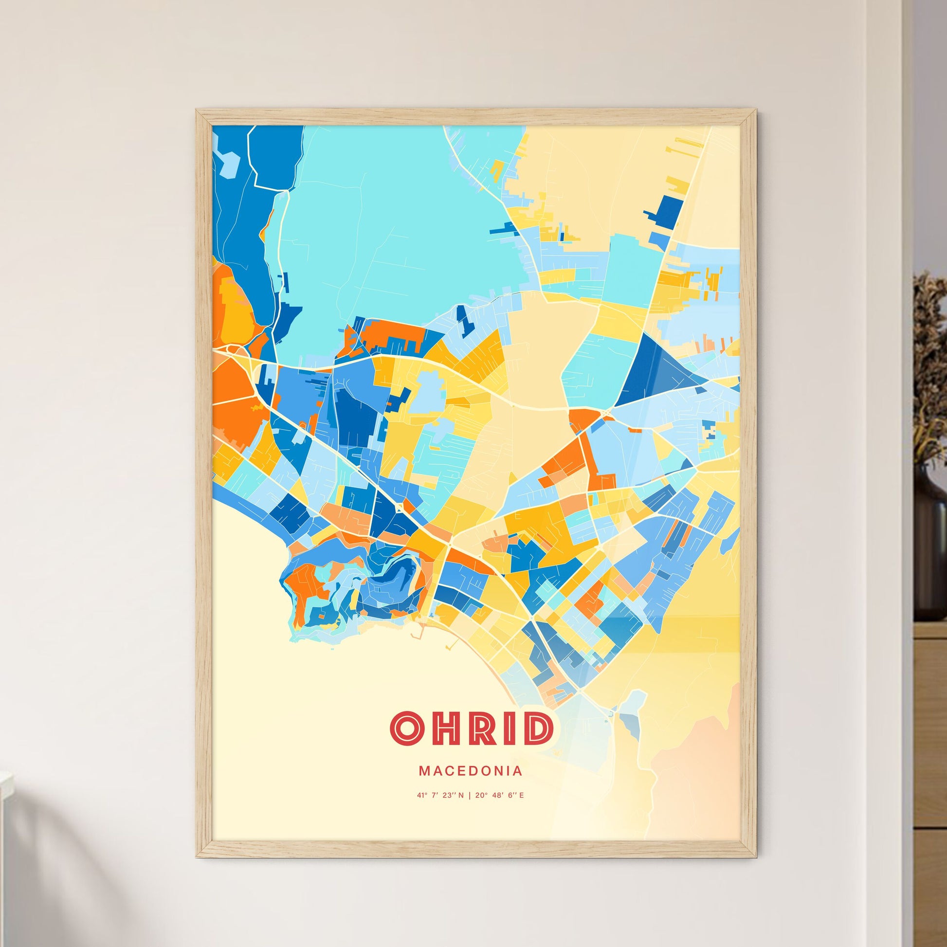 Colorful OHRID NORTH MACEDONIA Fine Art Map Blue Orange