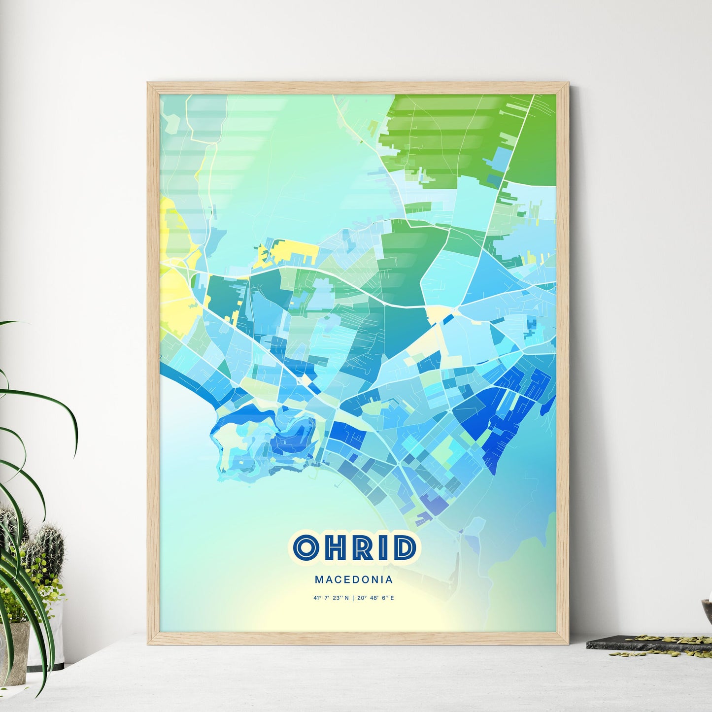 Colorful OHRID NORTH MACEDONIA Fine Art Map Cool Blue